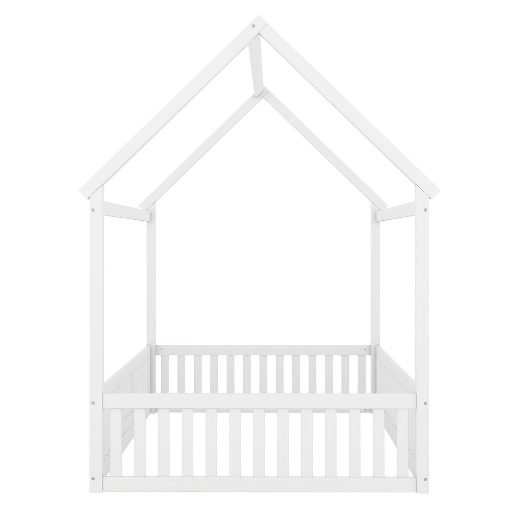Wood House Bed With Fence And Door
