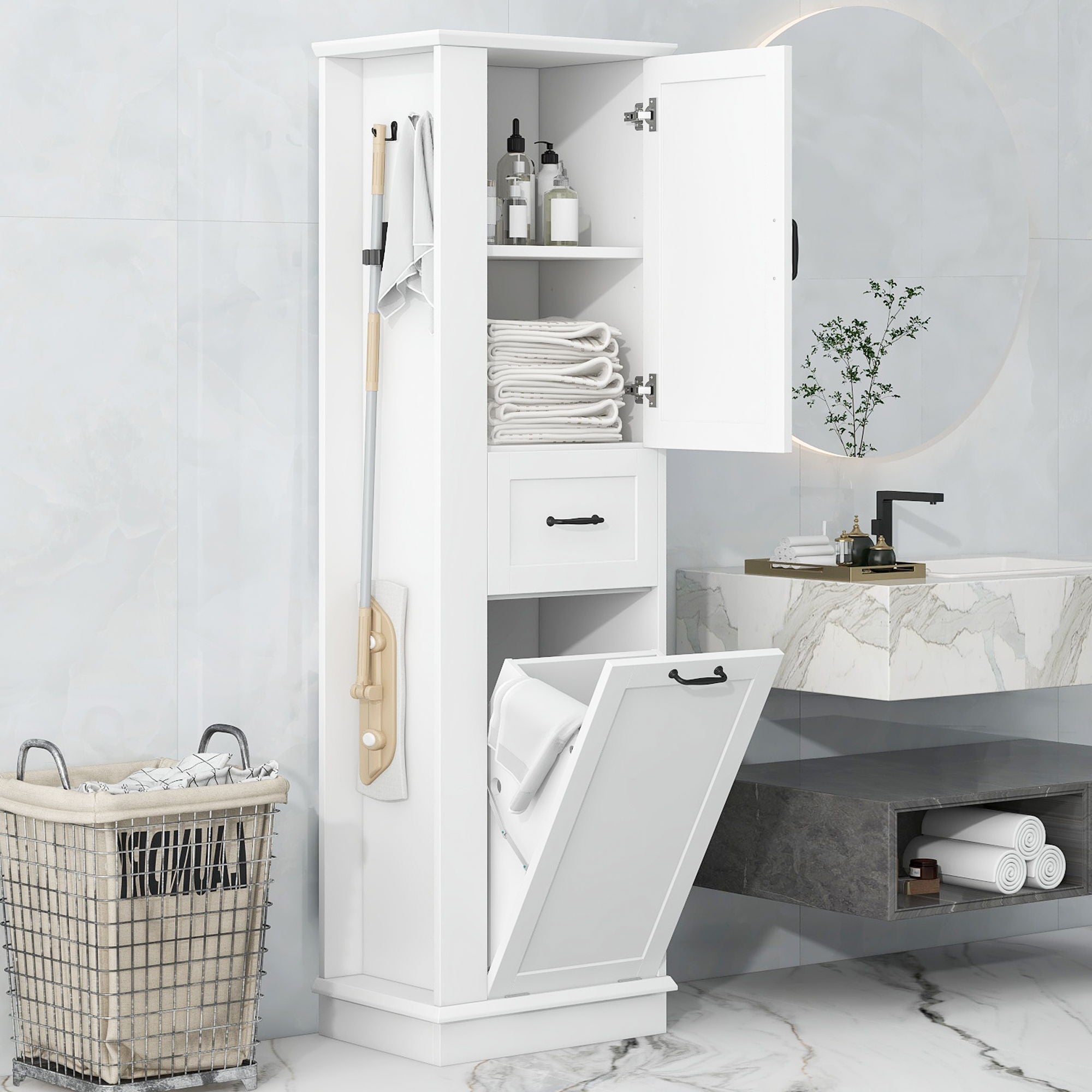 Modern Tall Storage Cabinet With Tilt-Out Compartment, Adjustable Shelves