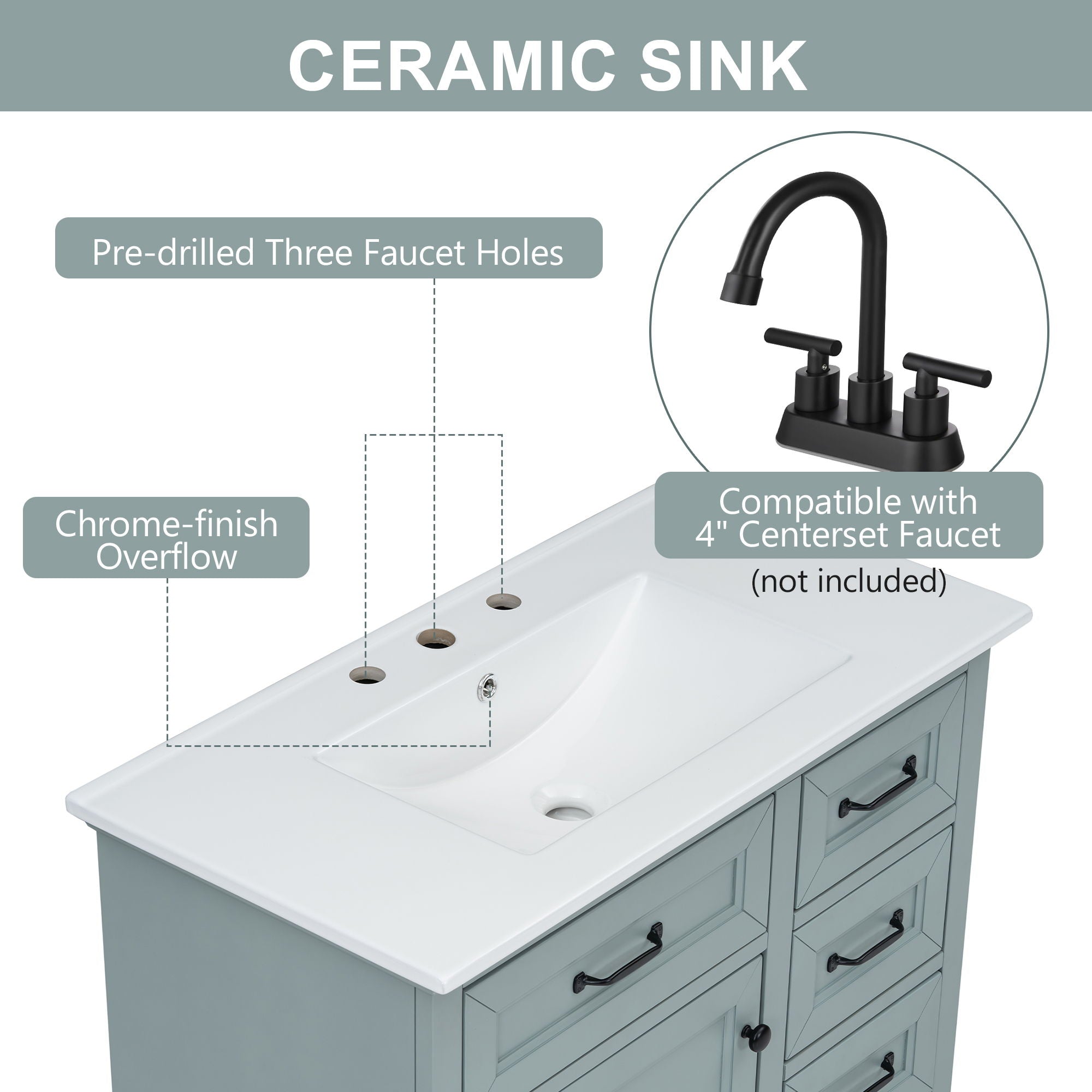 Bathroom Vanity With Sink, 2 Tip Out Drawers, Soft Close Hinges - Gray
