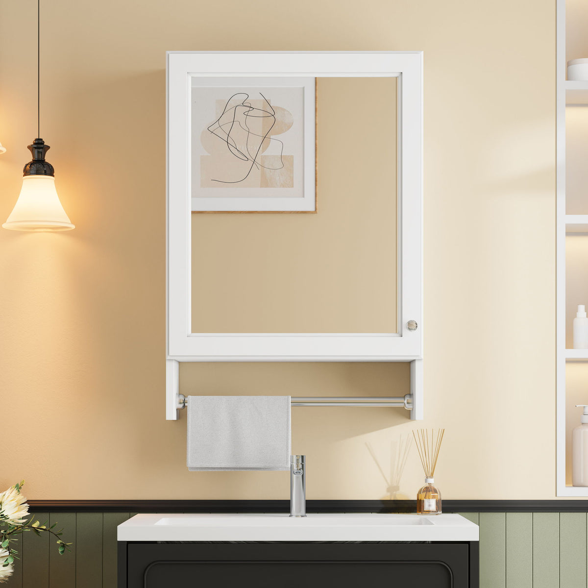 3 In 1 Wall Mounted Bathroom Mirror Cabinet With Adjustable Shelf, Soft Close Door, Mirror & Towel Bar - White