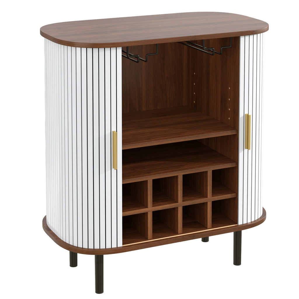 Fluted Wine Bar Cabinet With 8 Grid Wine Rack, 5 Level Adjustable Shelves, 2 Glass Holders