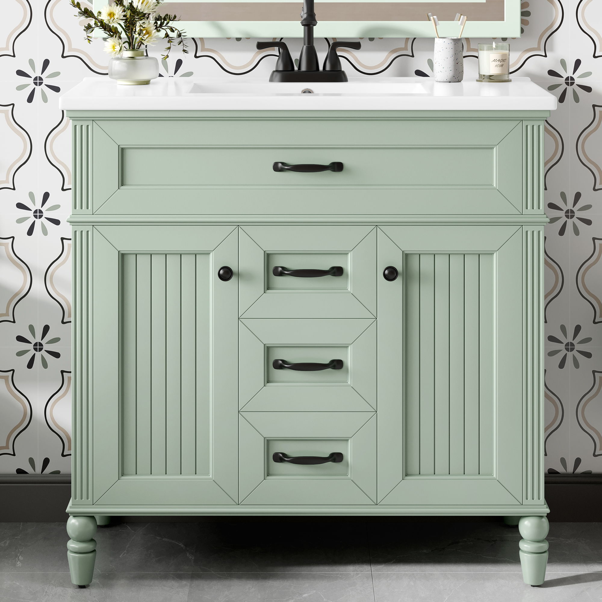 Bathroom Vanity With Sink, Flip-Out Top Drawer, Soft Close Doors, 2 Storage Drawers