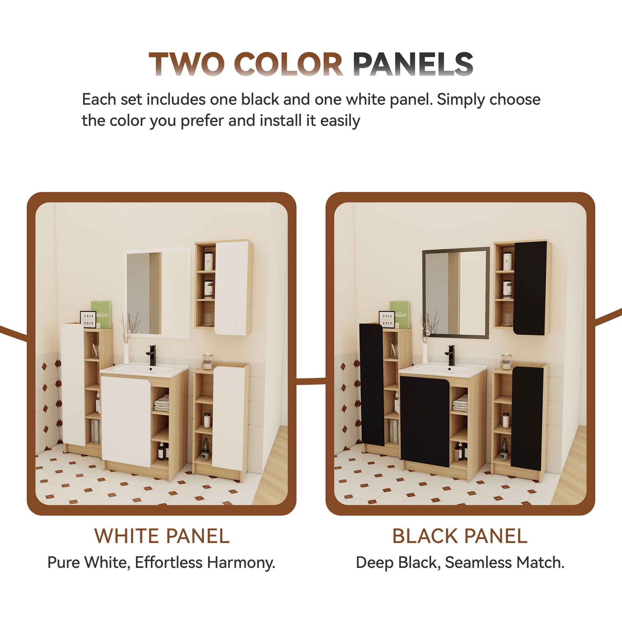 4 Piece Bathroom Vanity Set With Sink, Vanity Combo With Storage Cabinets - Black / Light Oak / White