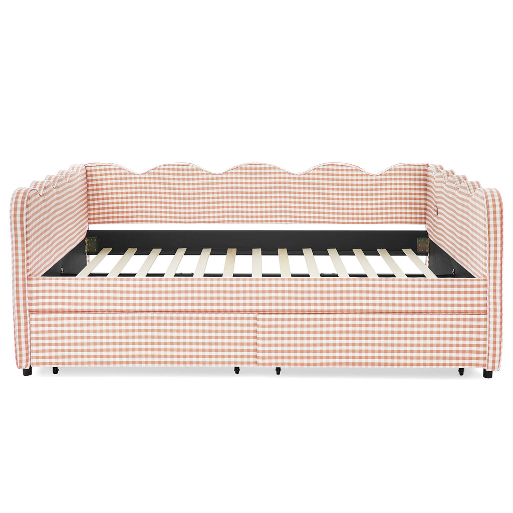 Queen Size Gingham Daybed With 2 Storage Drawers, USB Port, Wave-Shaped Design - Pink