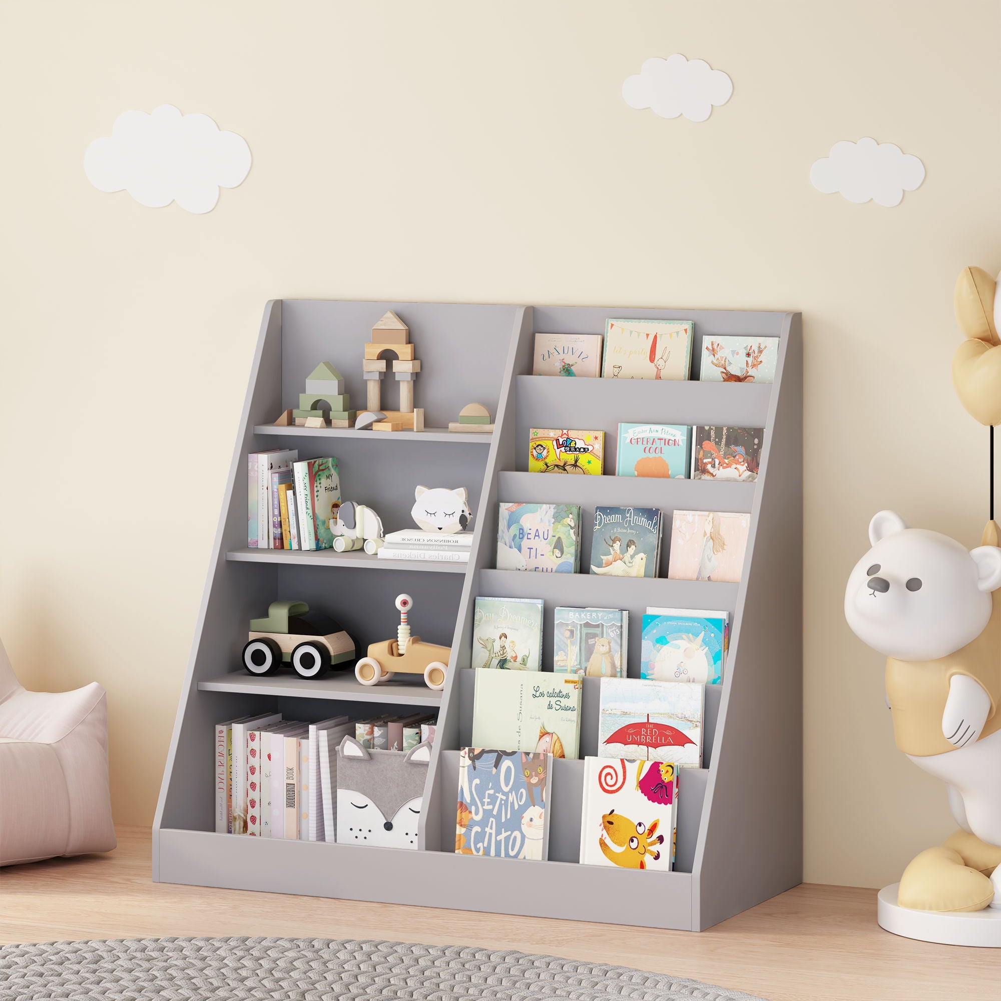 Bookshelf And Toy Storage Organizer, 4 Tier Bookcase With Display Stand For Playroom
