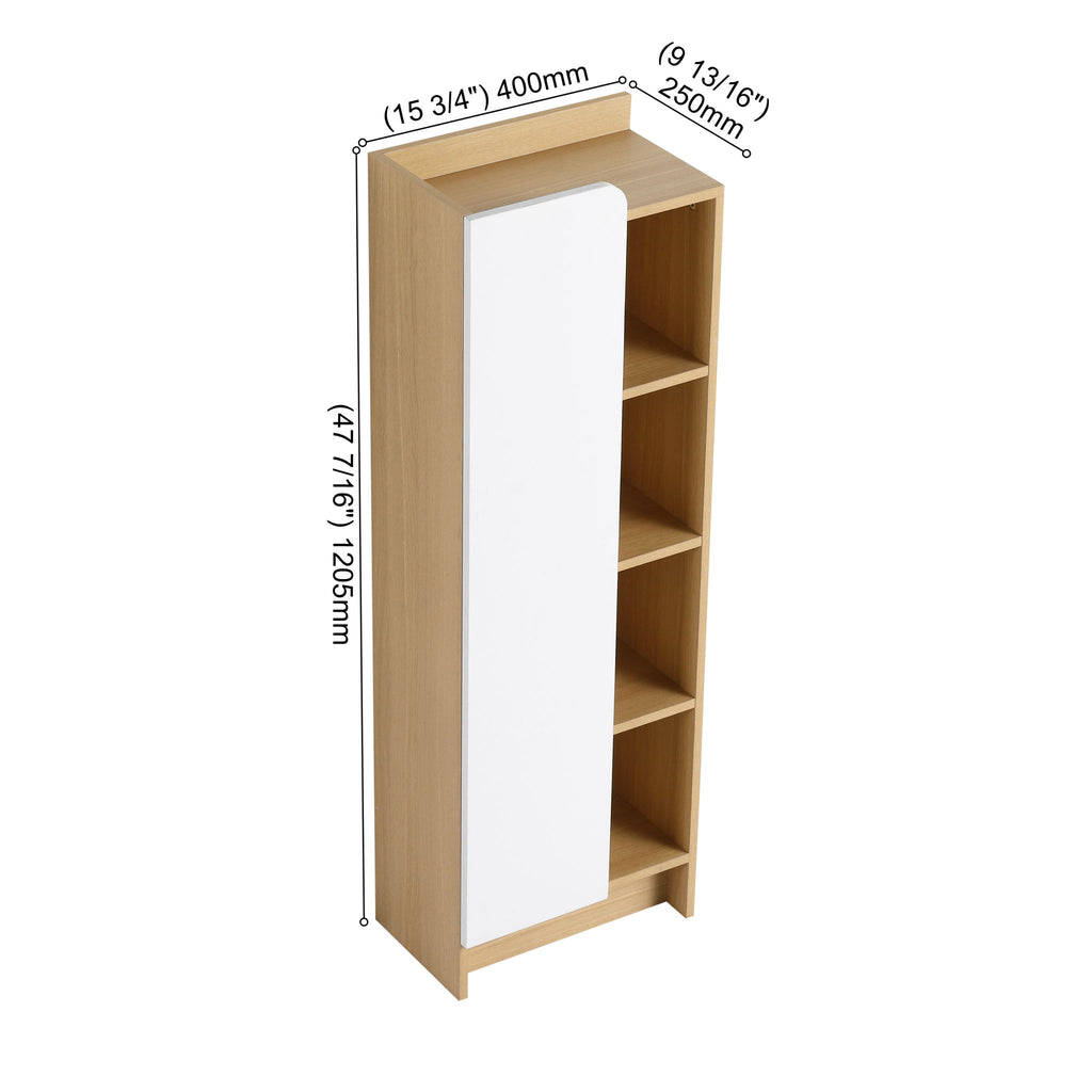 Tall Freestanding Bathroom Side Cabinet With Single Door & 4 Tier Open Shelves - Black / Light Oak / White
