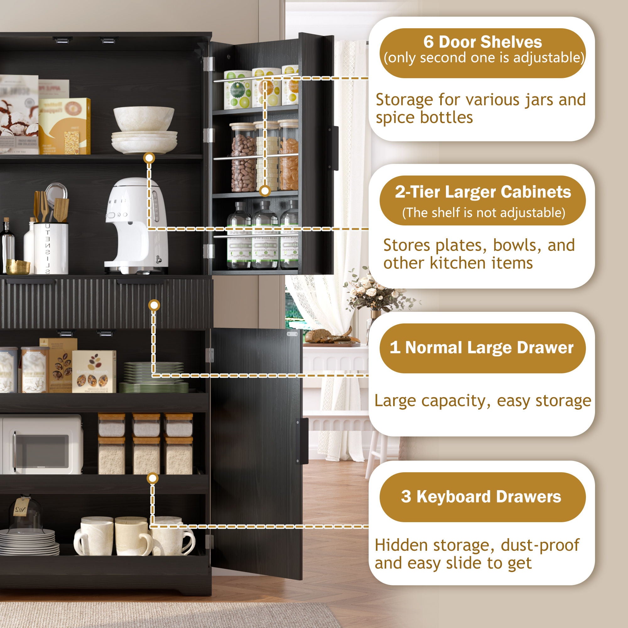 Fluted Kitchen Pantry Cabinet With 3 Keyboard Drawers & 6 Adjustable Door Shelves