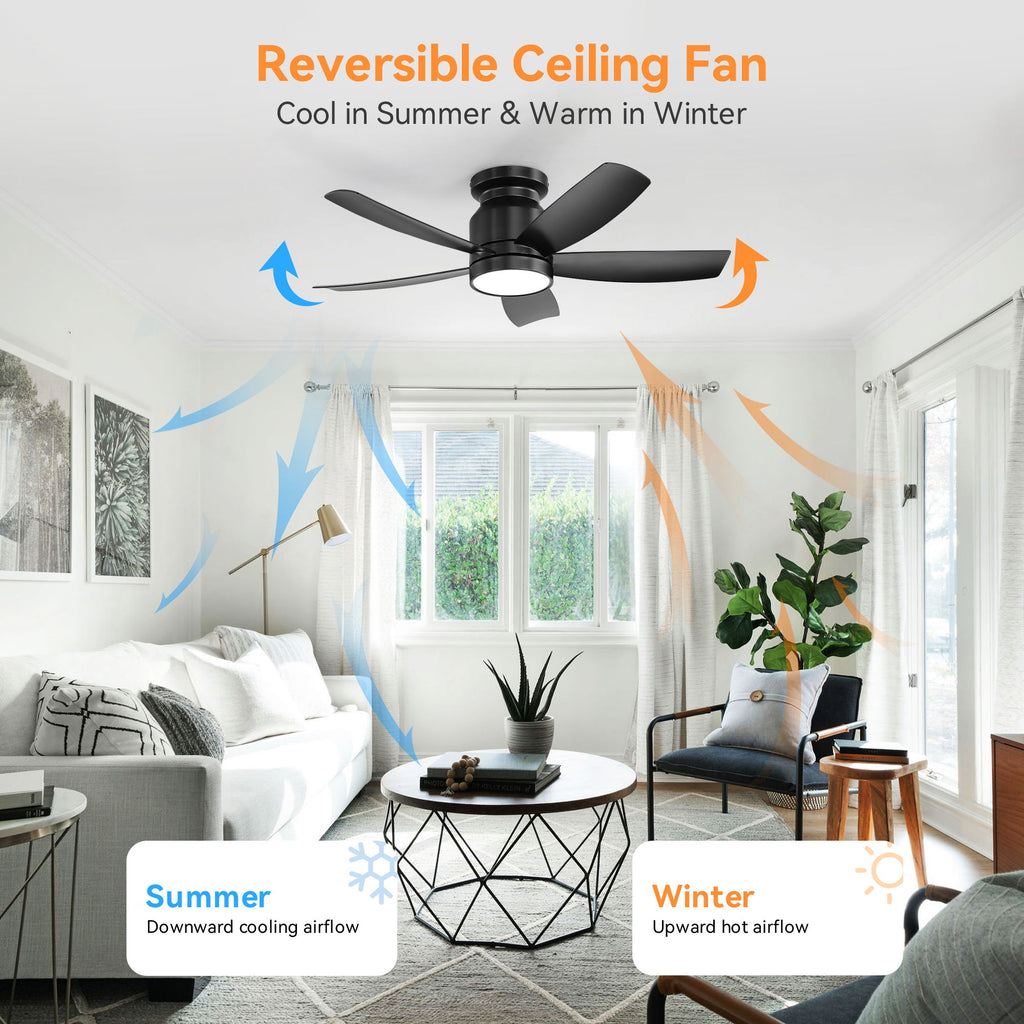 Flush Mount Ceiling Fan With LED Light 22W And Remote Control Blades For Indoor Use - Black