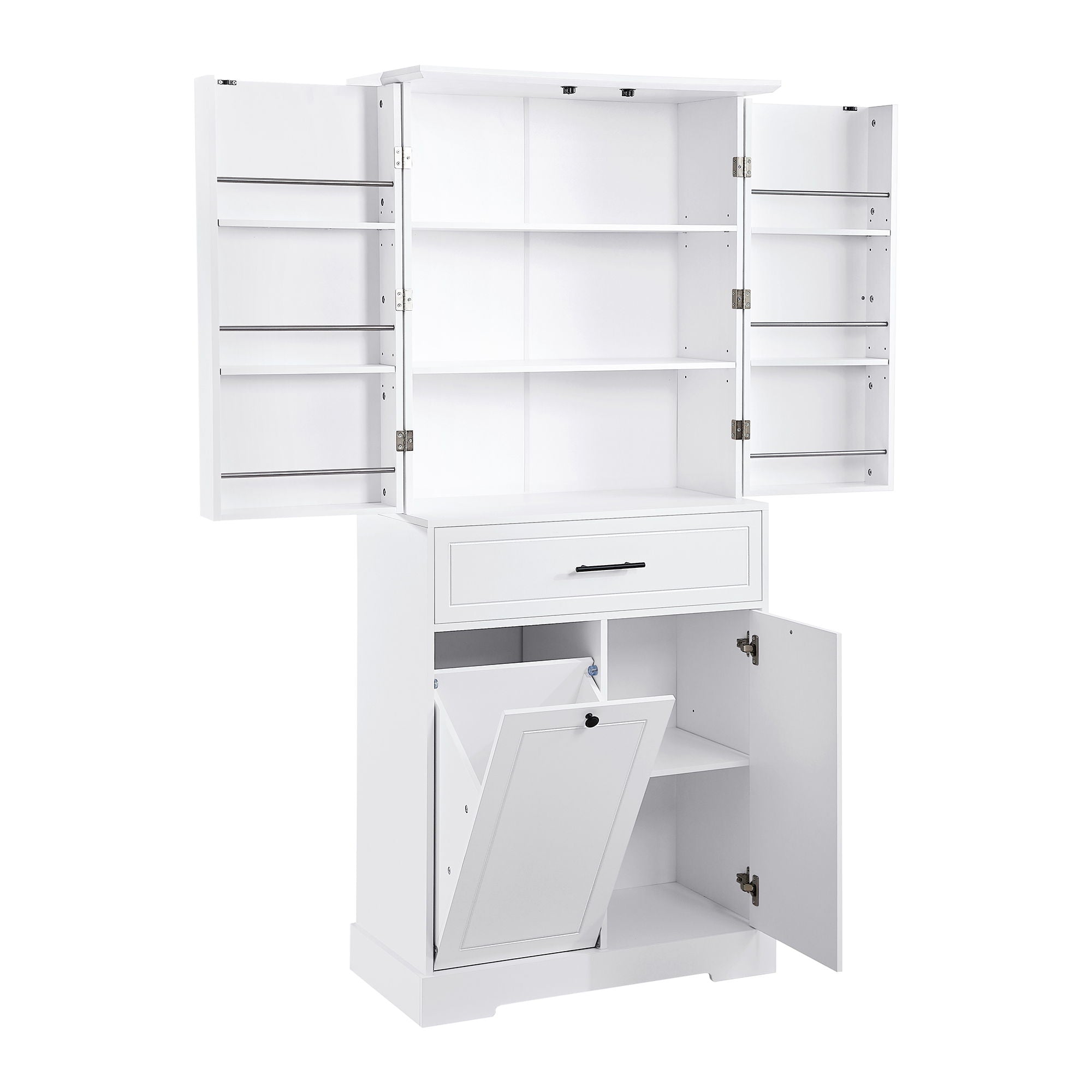 Freestanding Bathroom Storage Cabinet With Doors, Drawers, And Tilt Out Laundry Hamper - White