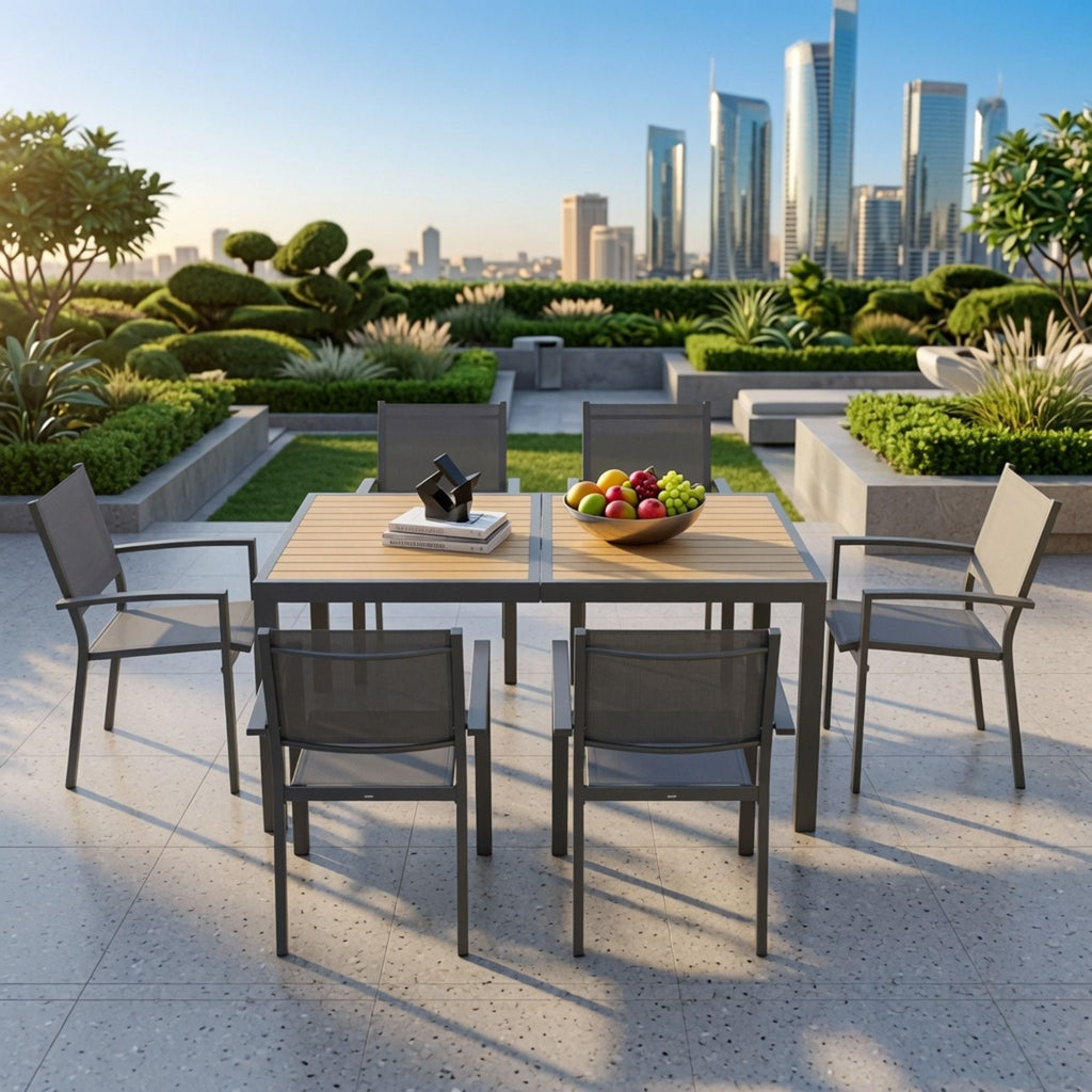 7 Piece Gray Patio Dining Set With Hdps Table And Textilene Chairs For Outdoor Use, Metal Furniture