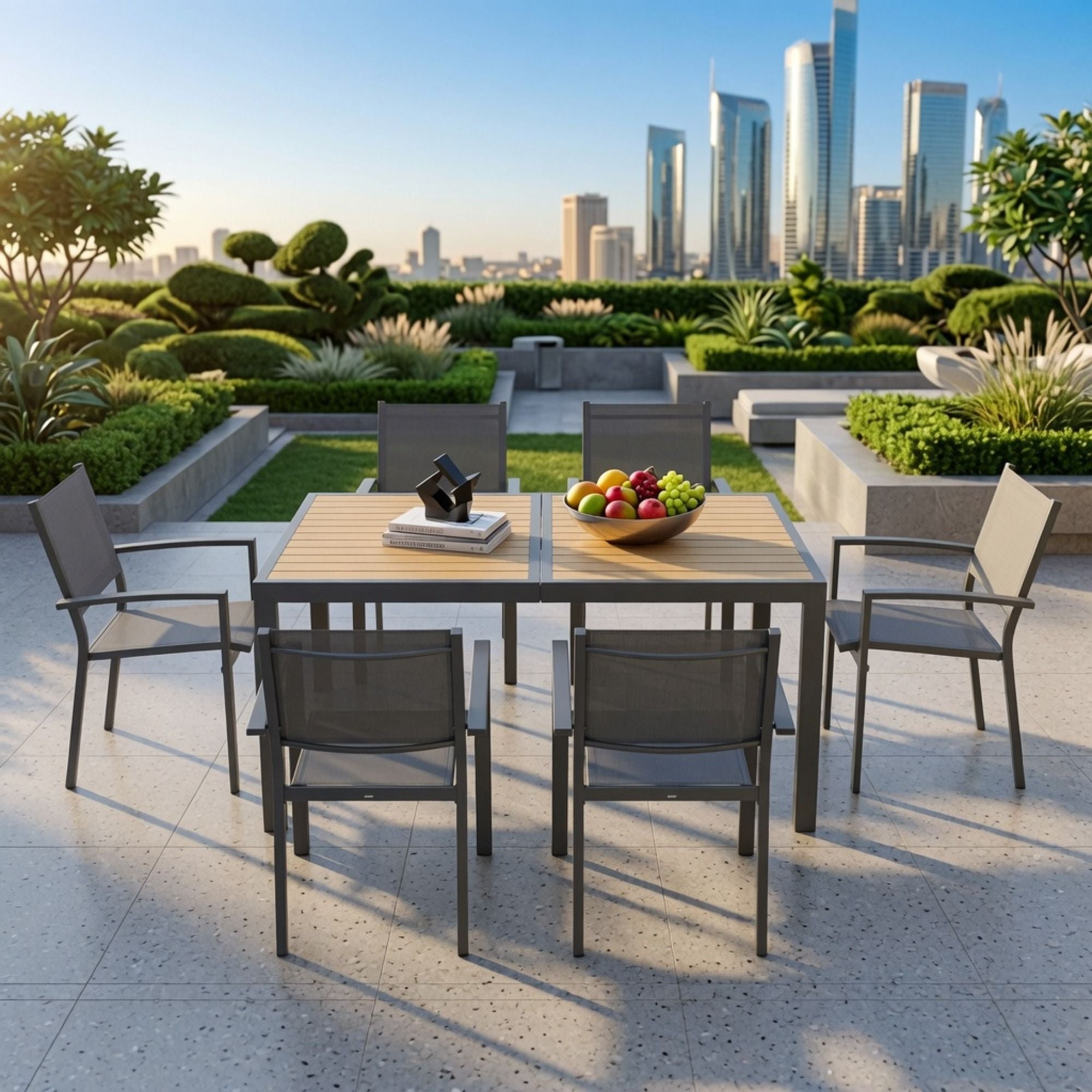 7 Piece Gray Patio Dining Set With Hdps Table And Textilene Chairs For Outdoor Use, Metal Furniture
