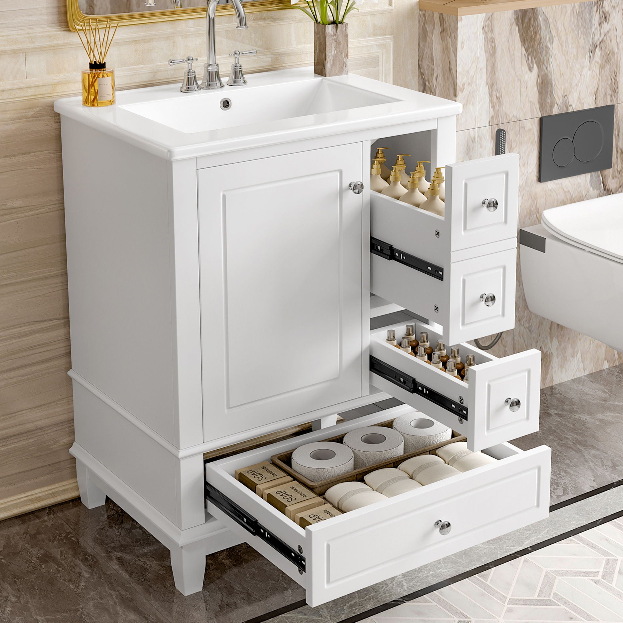 Modern Bathroom Vanity With Sink, Freestanding Cabinet With Drawers And Storage Shelves