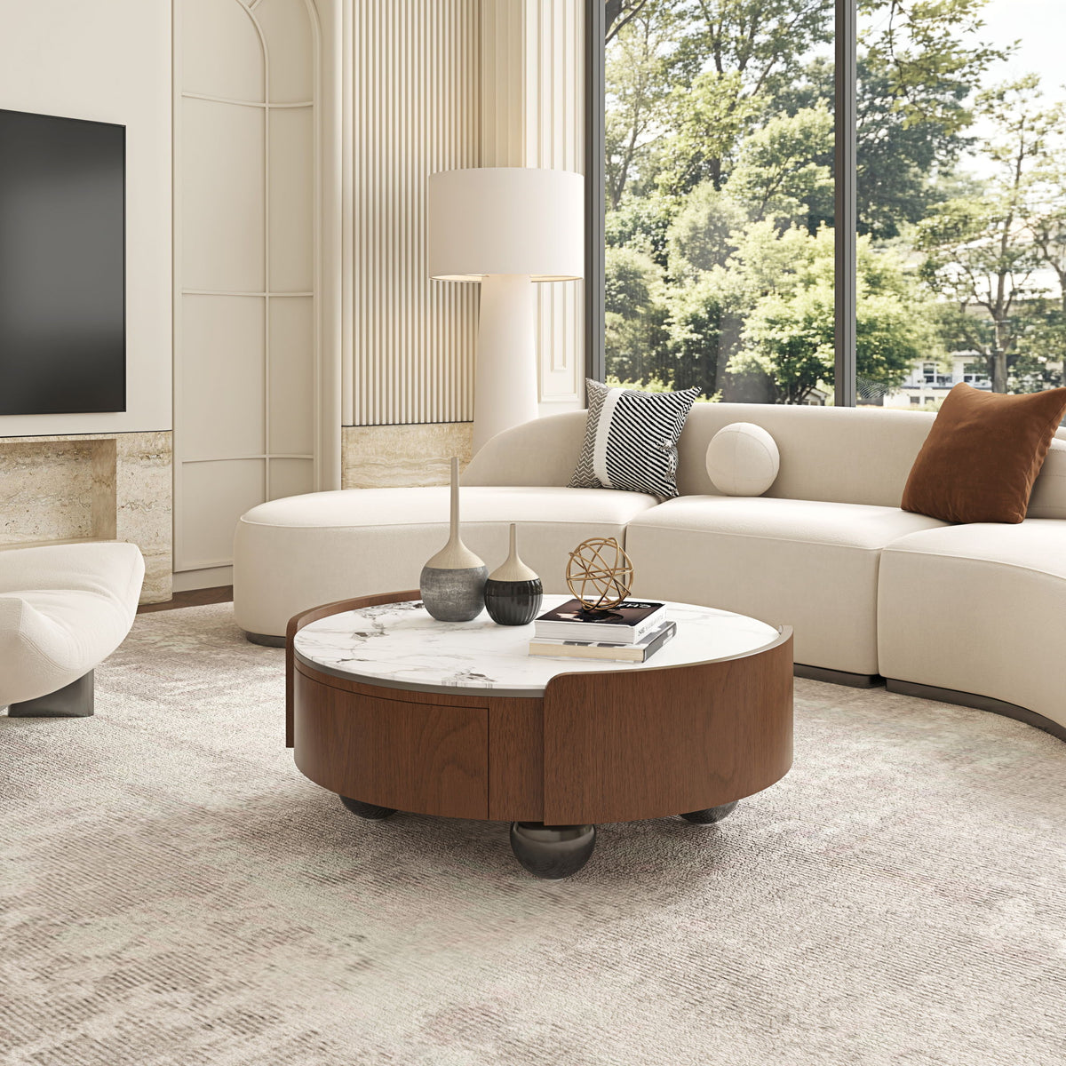 Round Coffee Table With Ball Feet, Dual Storage Drawers For Living Room - Walnut Brown