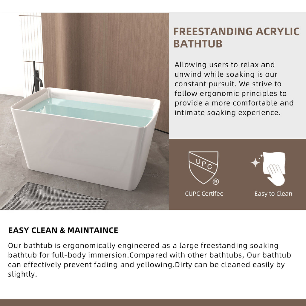 Freestanding Bathtub With Built In Seat, Rectangle Shape, Invisible Overflow & Pop Up Drain - Gloss White