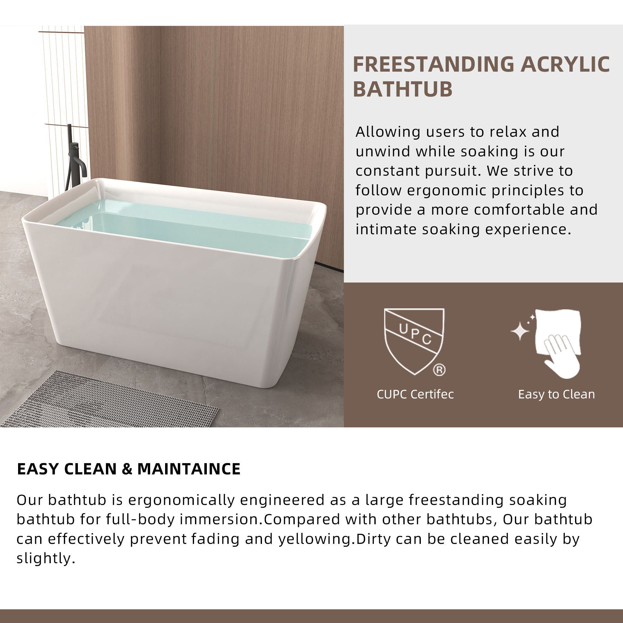 Freestanding Bathtub With Built In Seat, Rectangle Shape, Invisible Overflow & Pop Up Drain - Gloss White