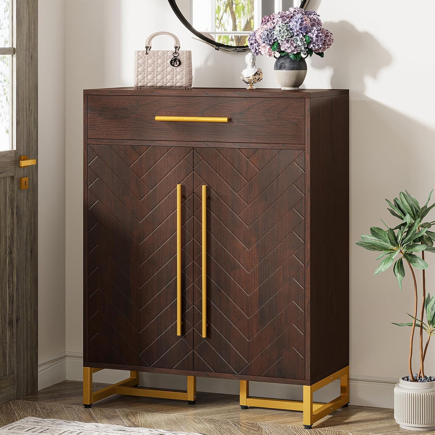 Shoe Cabinet With Doors, 6 Tier Storage Organizer - Dark Walnut