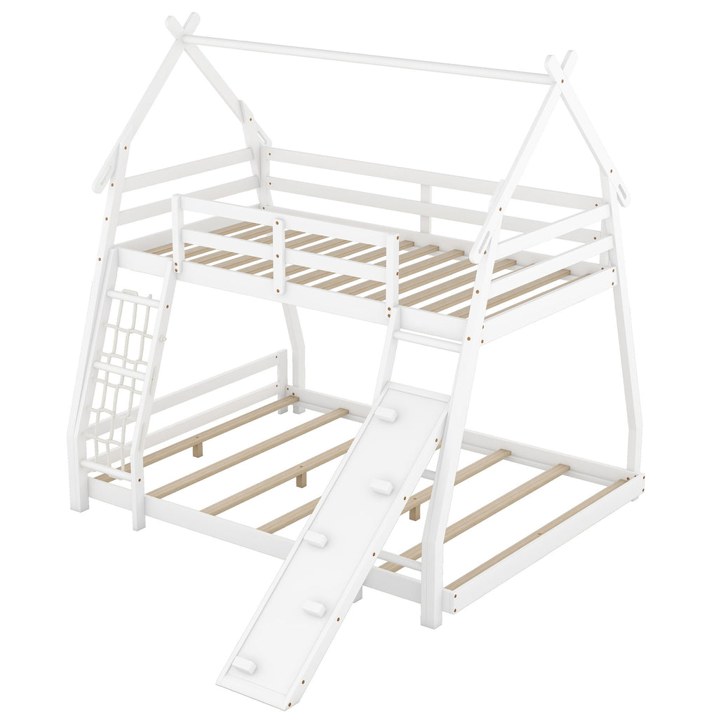 Twin Over Queen House Bunk Bed With Climbing Nets And Ramp - White
