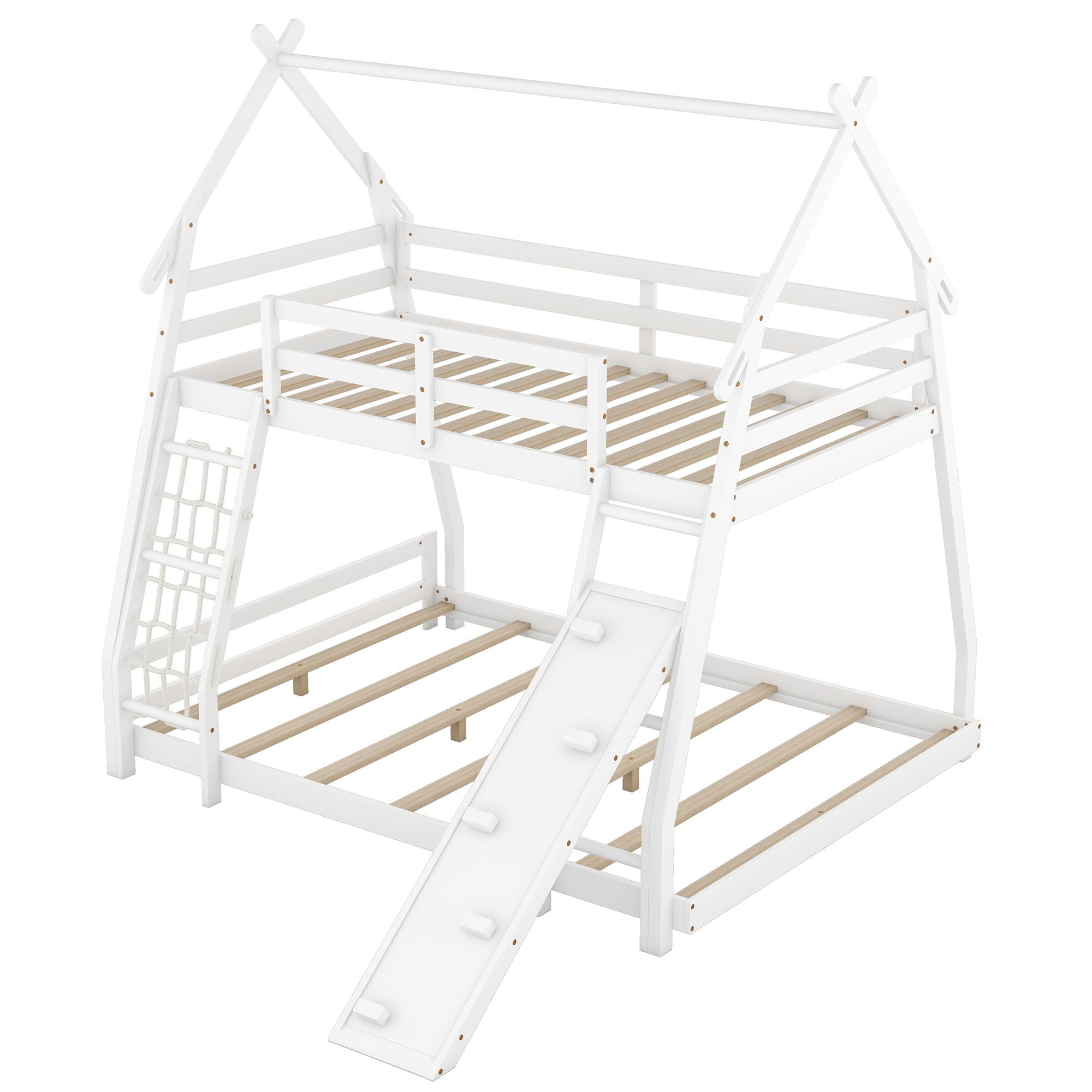 Twin Over Queen House Bunk Bed With Climbing Nets And Ramp - White