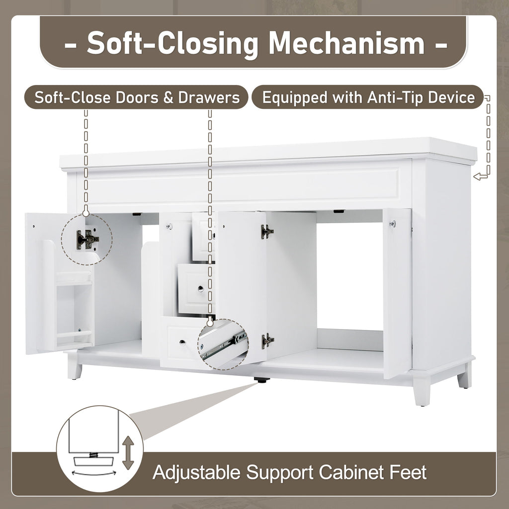 Bathroom Vanity With Double Sinks, 3 Drawers & 4 Doors - White