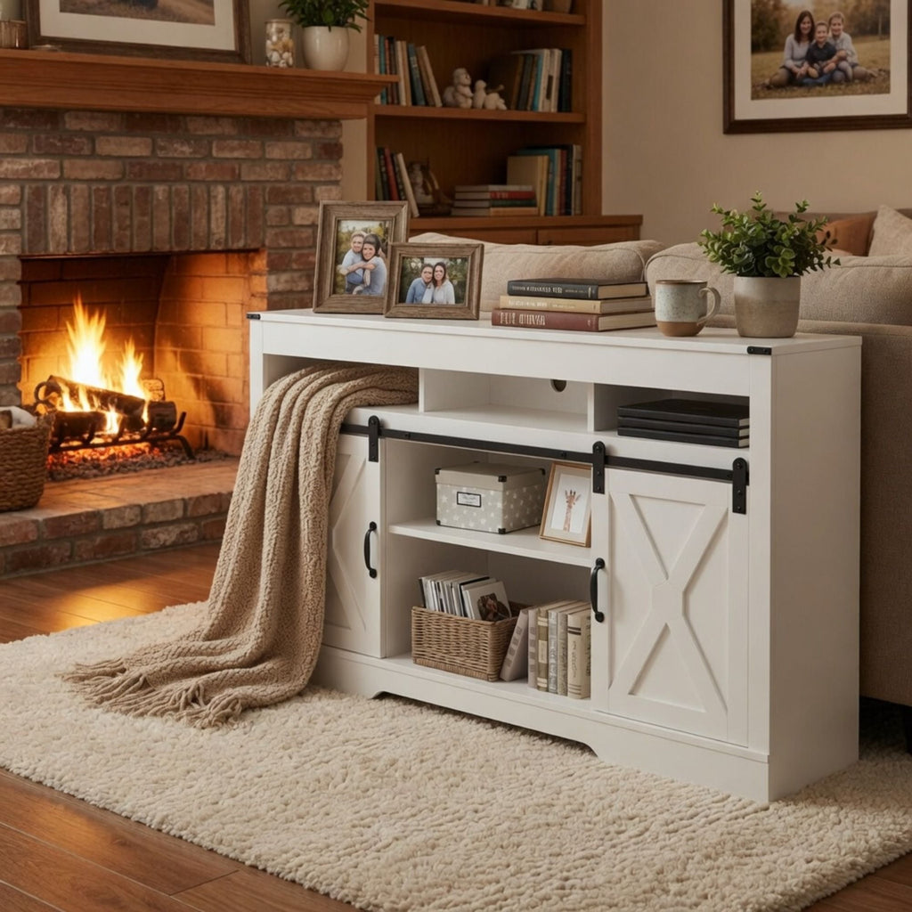 Farmhouse TV Stand With Sliding Barn Doors & Adjustable Storage