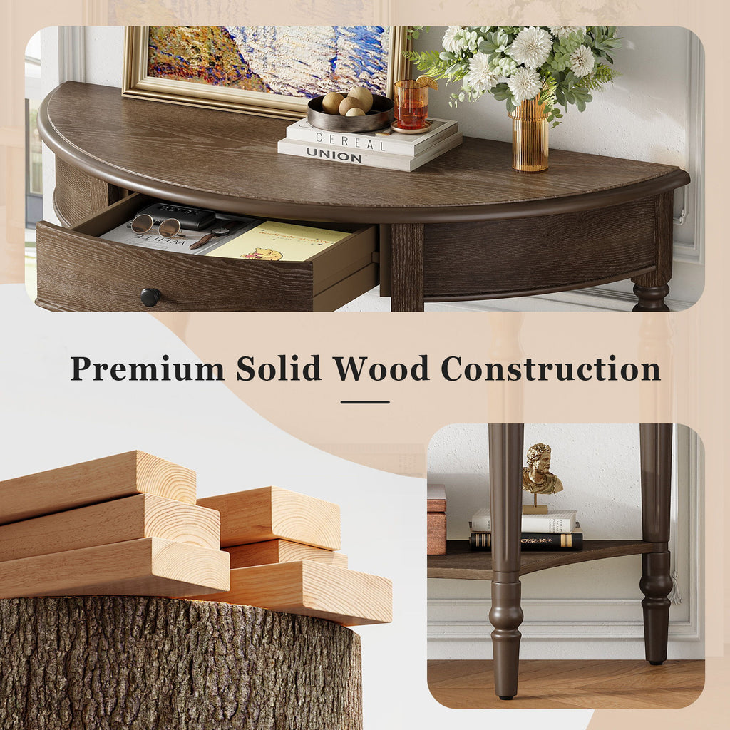 Half Moon Console Table With Drawer & Shelf For Living Room - Walnut
