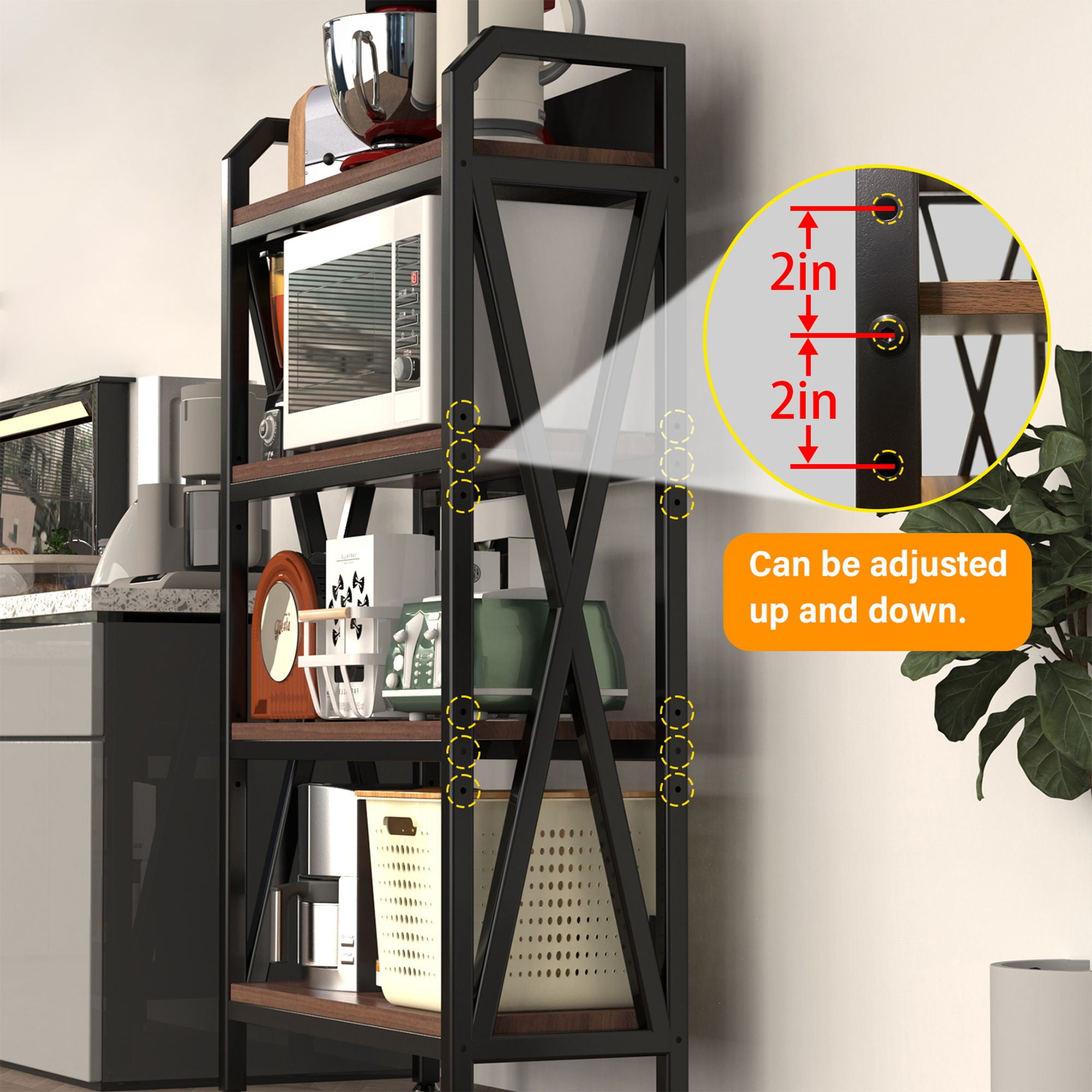 Bakers Rack Storage Shelves 4 Level Mental And Wooden Kitchen Shelves, Kitchen Organizers And Storage, For Garage, Pantry, Bathroom, Closet - Black / Black Brown