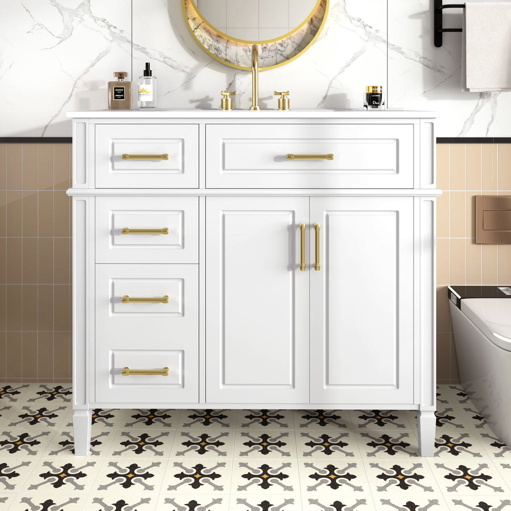 Bathroom Vanity With Sink, 4 Drawers (1 Flip Drawer), 2 Doors & Adjustable Shelf - White