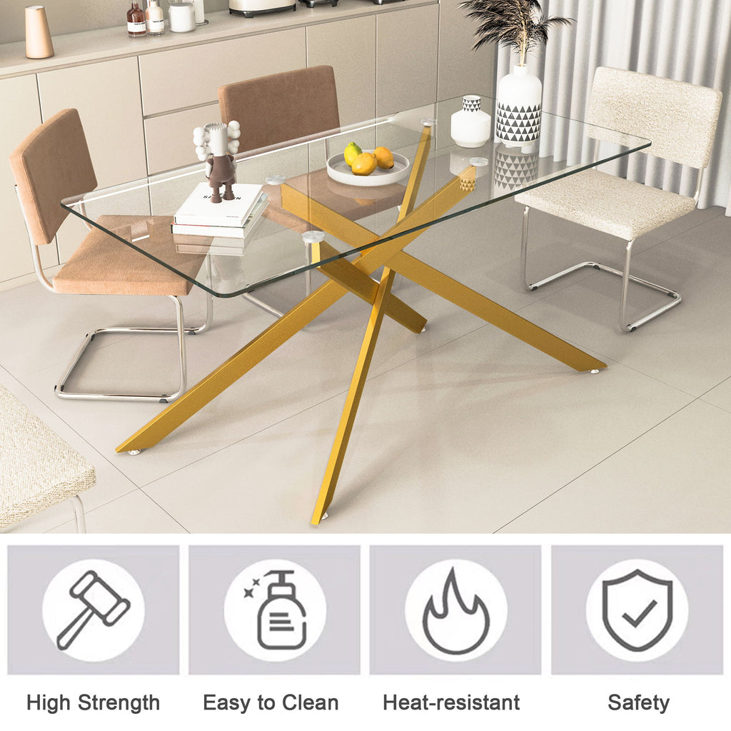 Stylish Design Rectangular Clear Tempered Glass Dining Table With Metal Legs