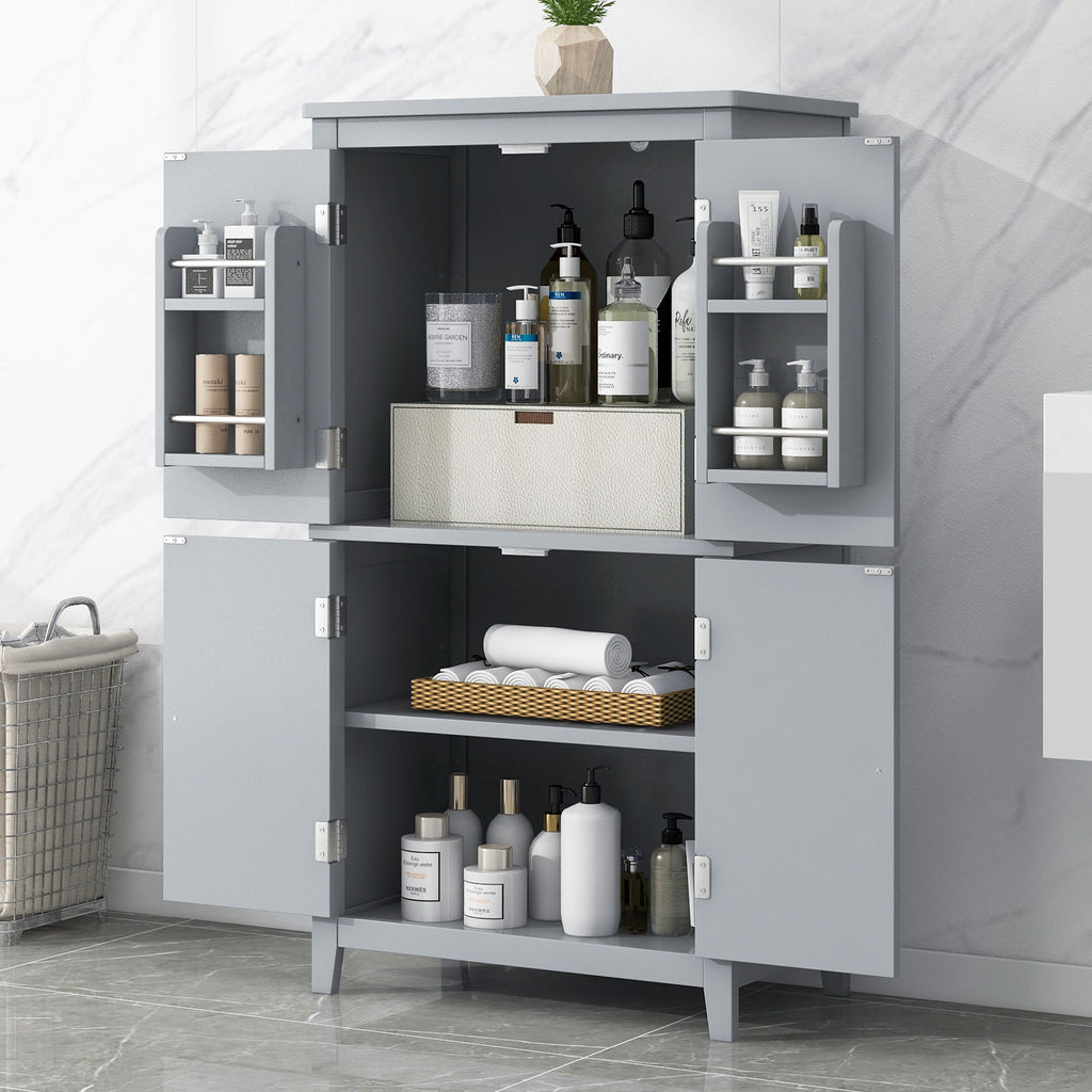 Elegant Bathroom Floor Storage Cabinet With 4 Doors, Adjustable Shelves