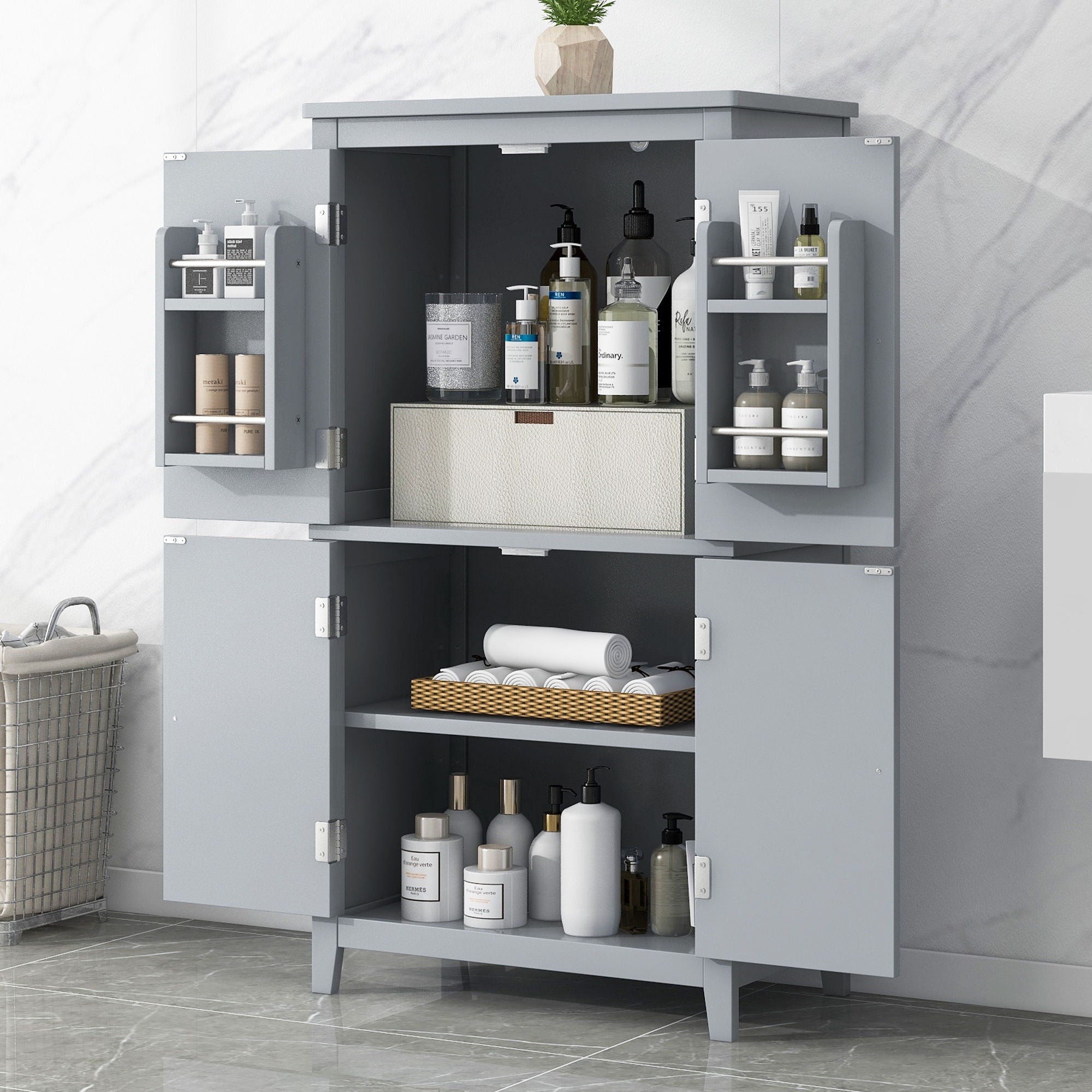 Elegant Bathroom Floor Storage Cabinet With 4 Doors, Adjustable Shelves