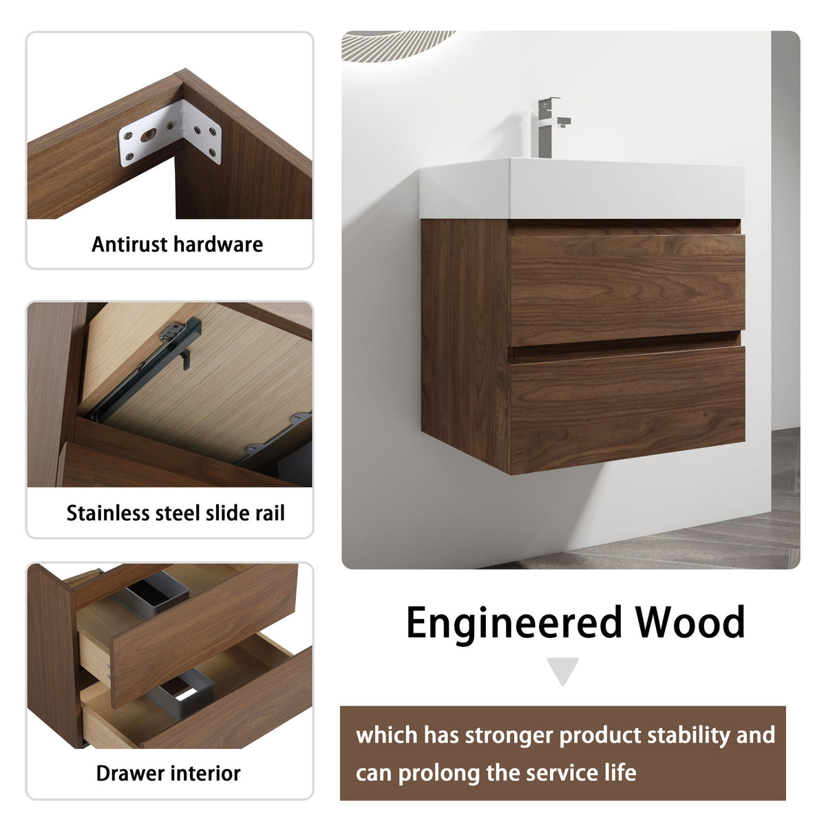 Wall Mounted Bathroom Vanity And Sink, 2 Soft Close Drawers
