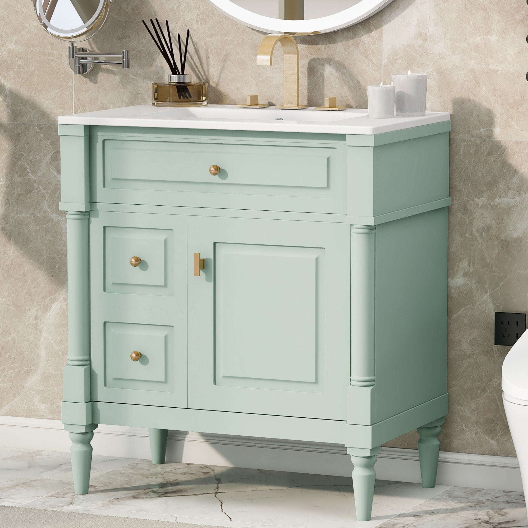 Modern Bathroom Vanity With Sink, Freestanding Cabinet With Flip Drawer & Adjustable Shelf