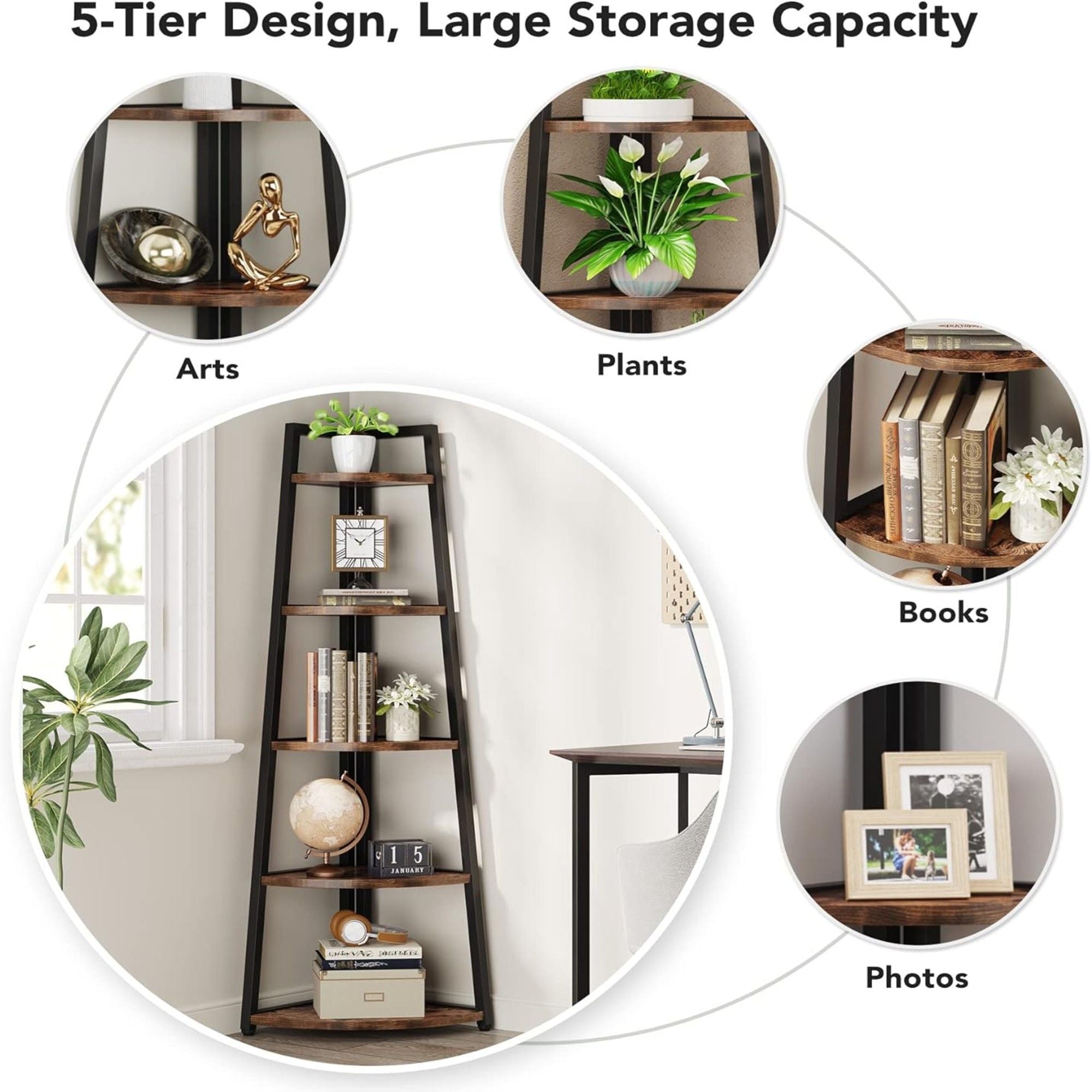 Tall 5 Tier Corner Bookshelf For Living Room