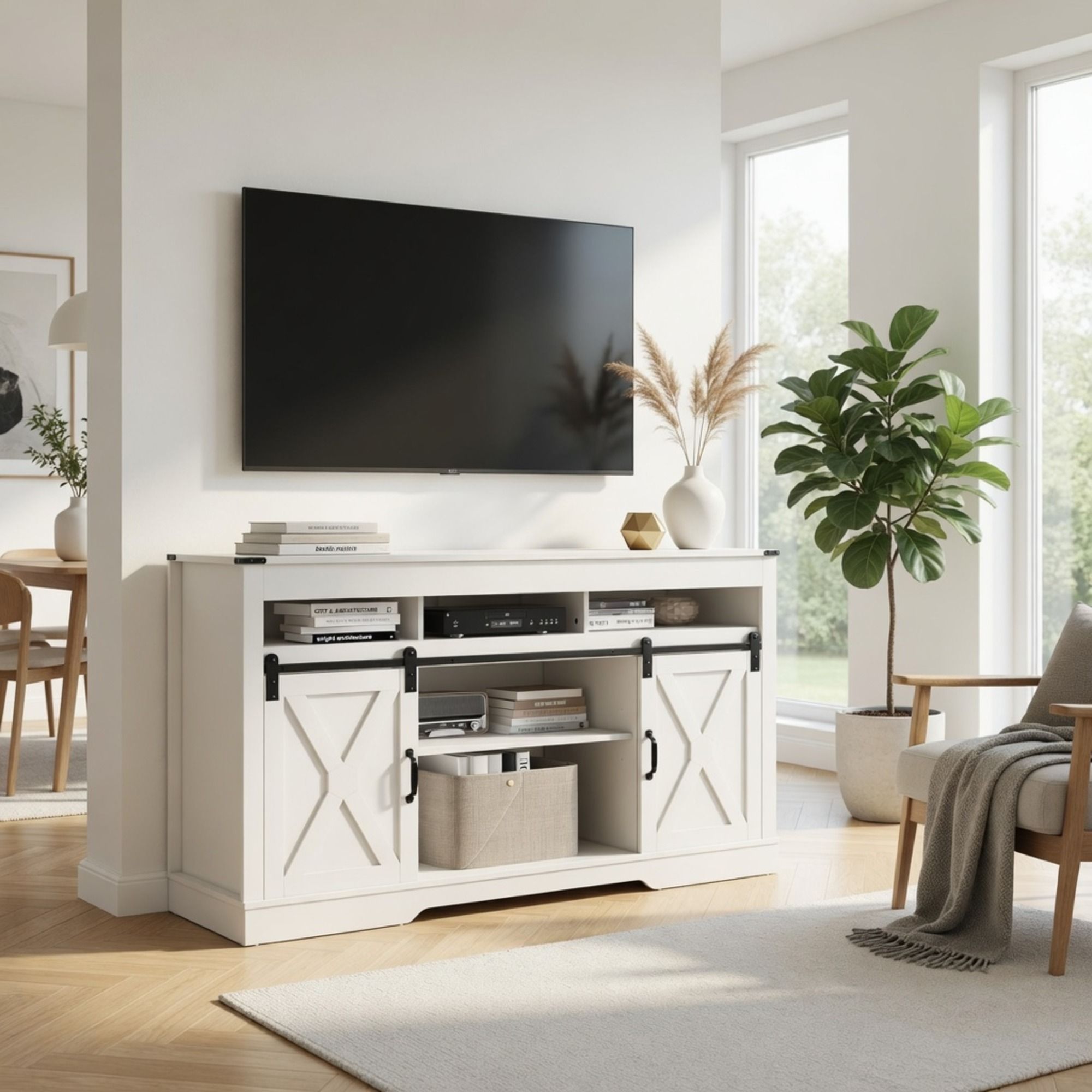 Farmhouse TV Stand With Sliding Barn Doors & Adjustable Storage