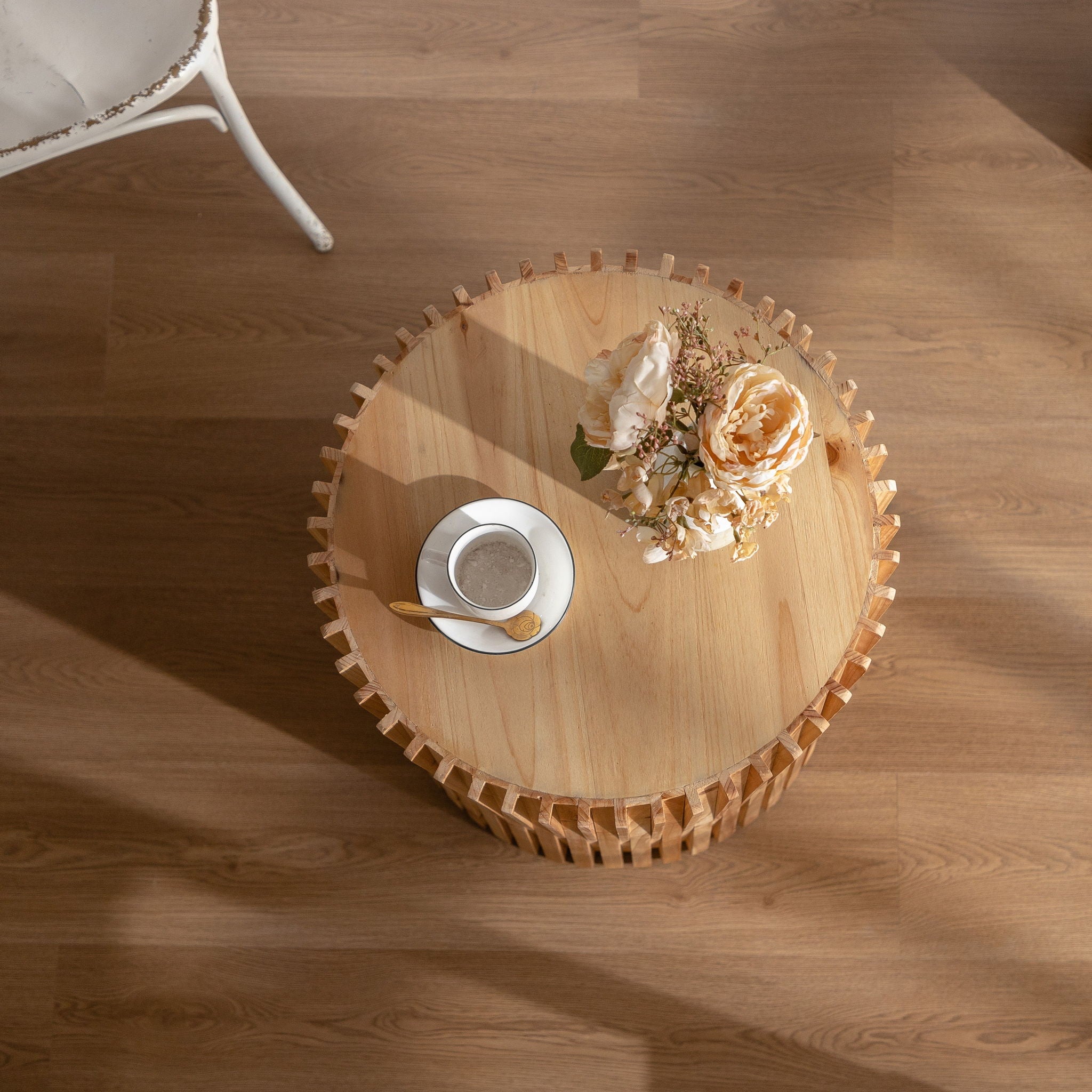 Cylindrical Side Table With Vertical Texture Relief Design - Natural