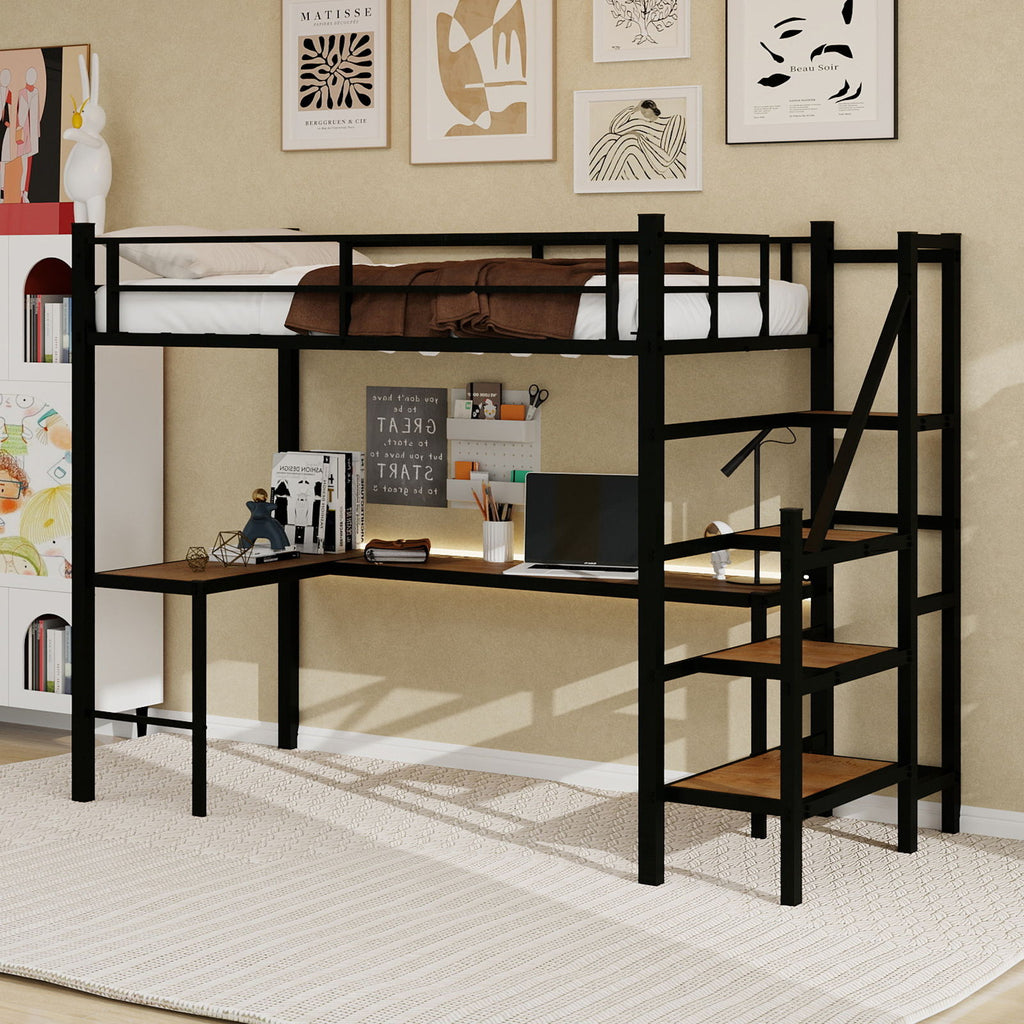 Loft Bed & L-Shaped Desk, Large Storage Space