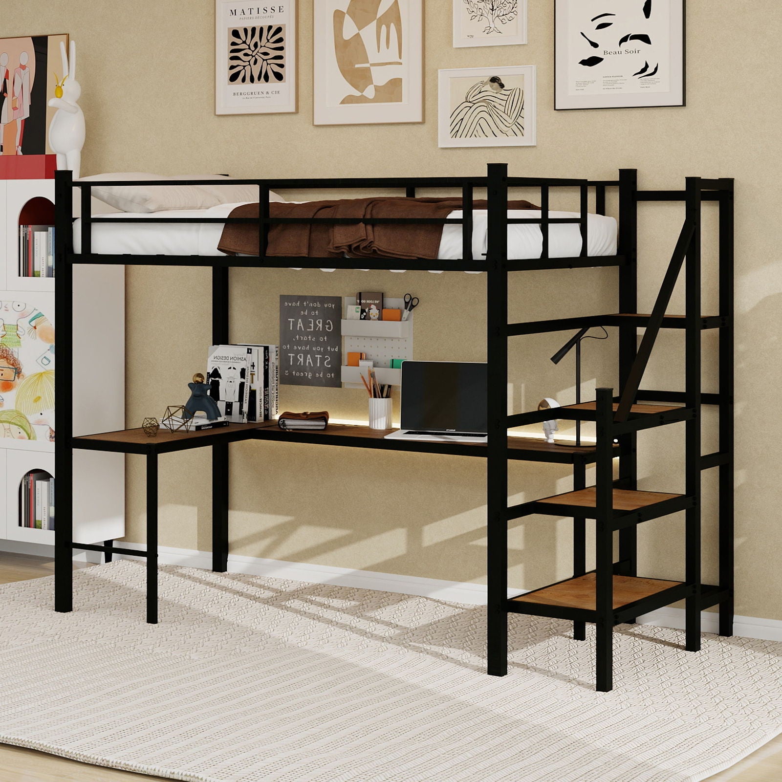 Loft Bed & L-Shaped Desk, Large Storage Space