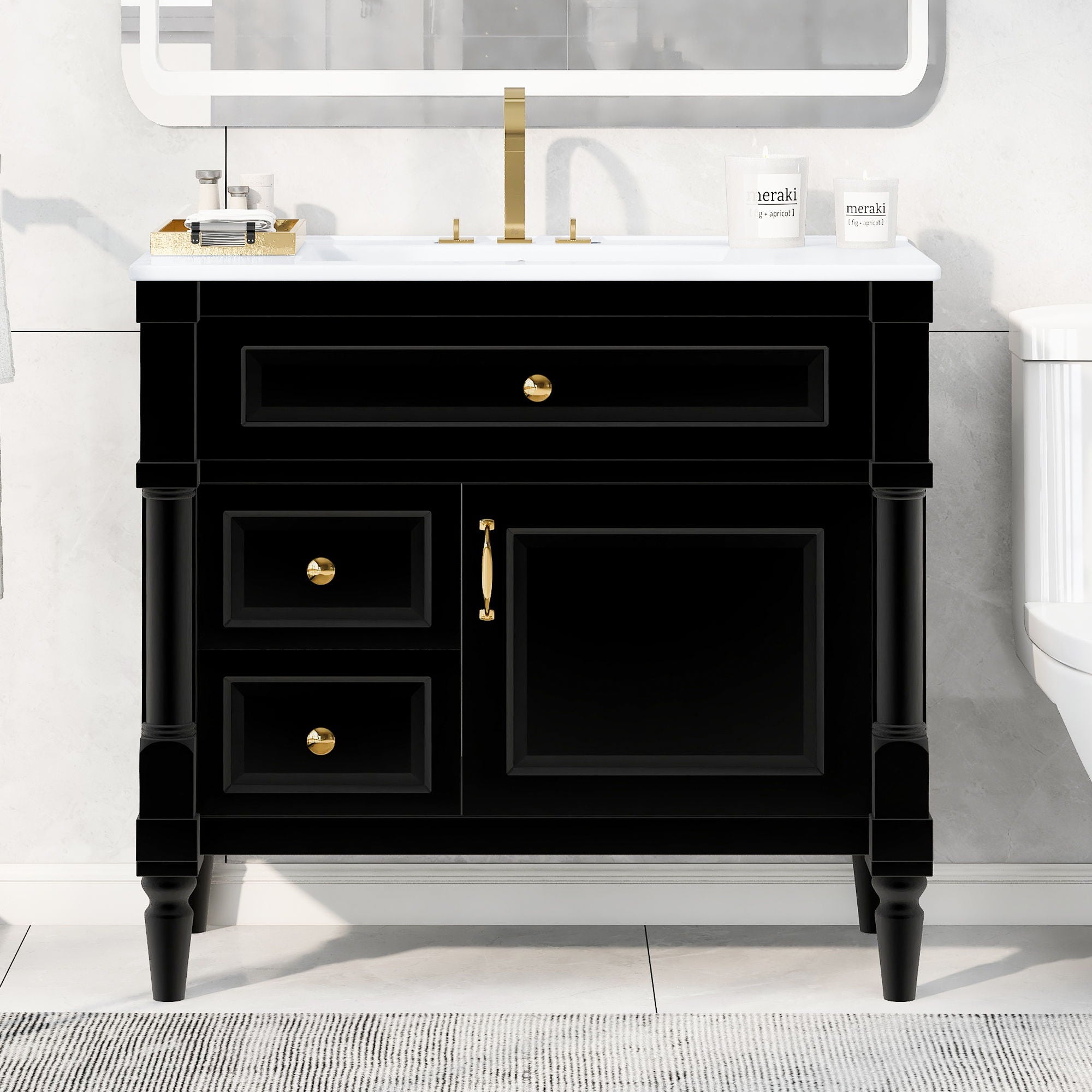 Freestanding Bathroom Vanity With Sink, Adjustable Shelf, Flip Drawer