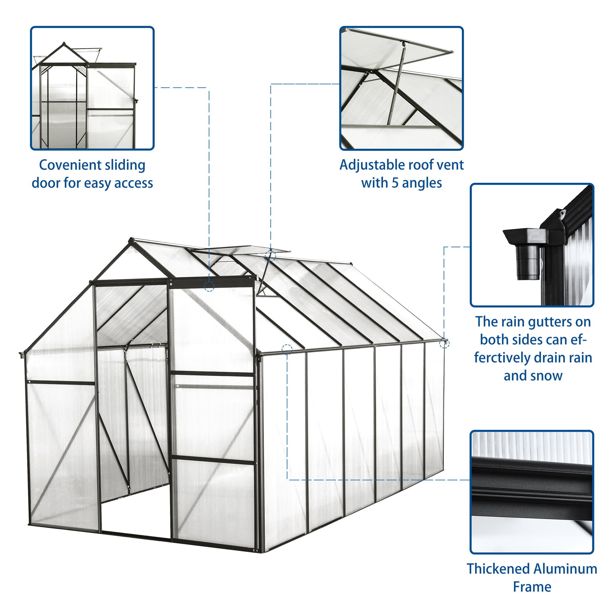 Polycarbonate house Raised Base And Anchor Aluminum Heavy Duty Walk-In houses For Outdoor Backyard In All Season