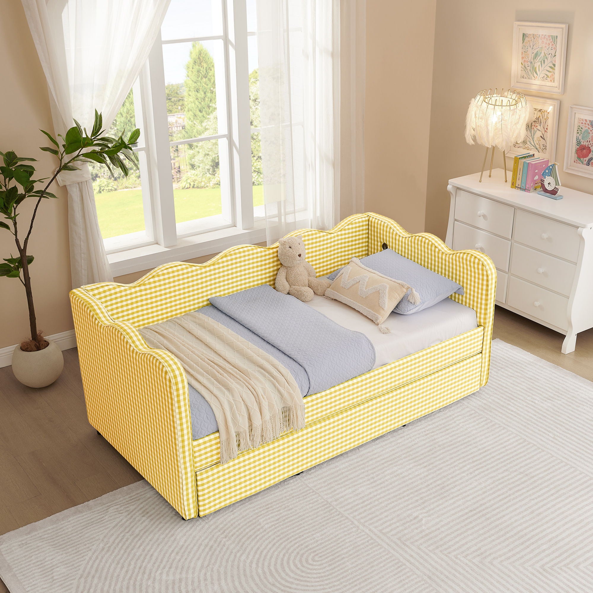 Gingham Daybed With USB Charging Port, Wave-Shaped Design