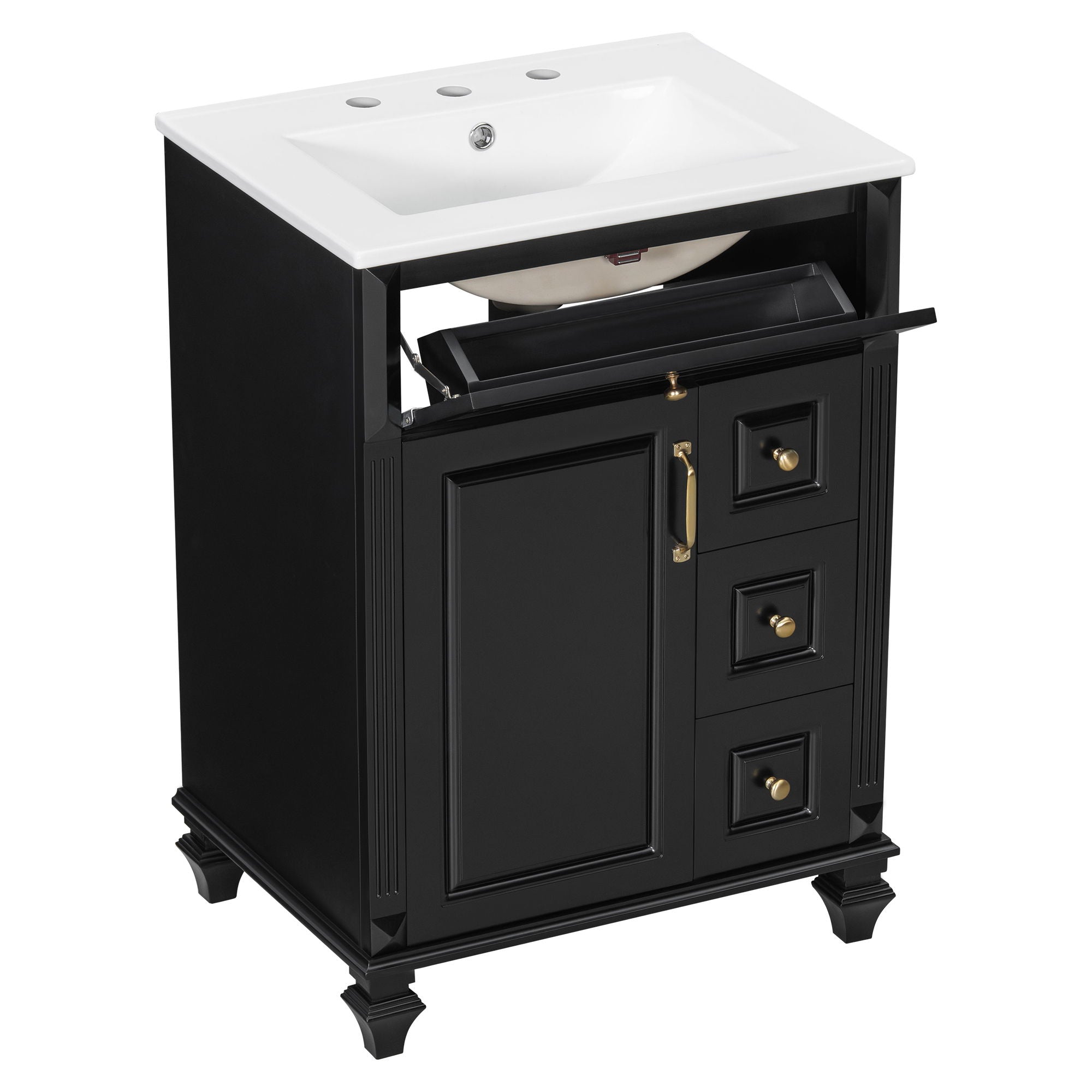 Freestanding Bathroom Vanity With Sink, 3 Drawers & Flip-Out Drawer