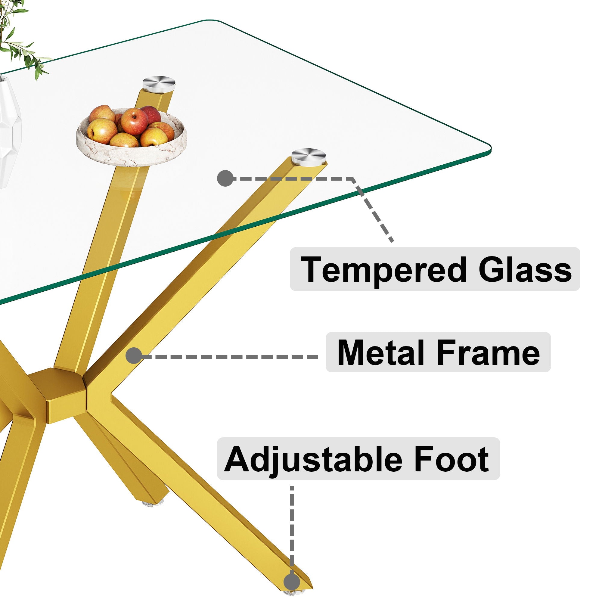Rectangular Clear Tempered Glass Dining Table, Stylish Design With Plated Metal Legs