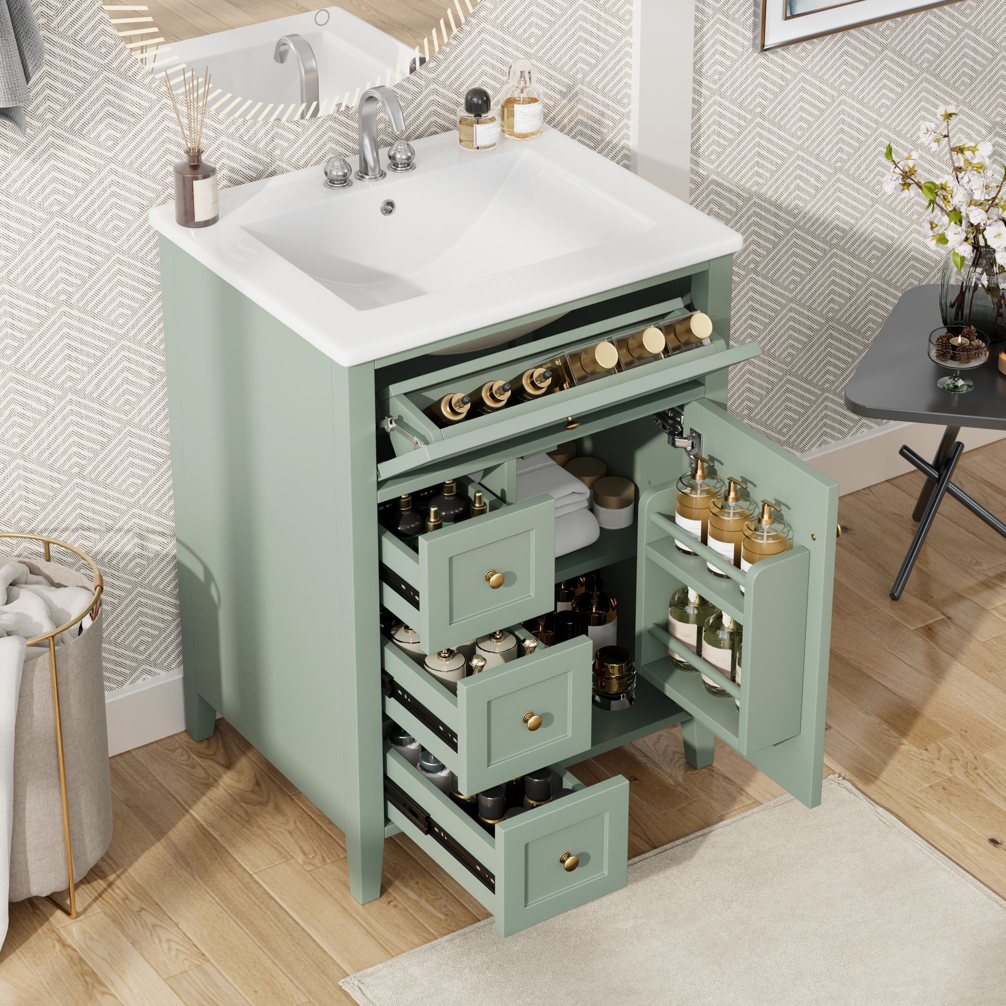 Bathroom Vanity With Sink, 3 Drawers & Cabinet With Adjustable Shelves