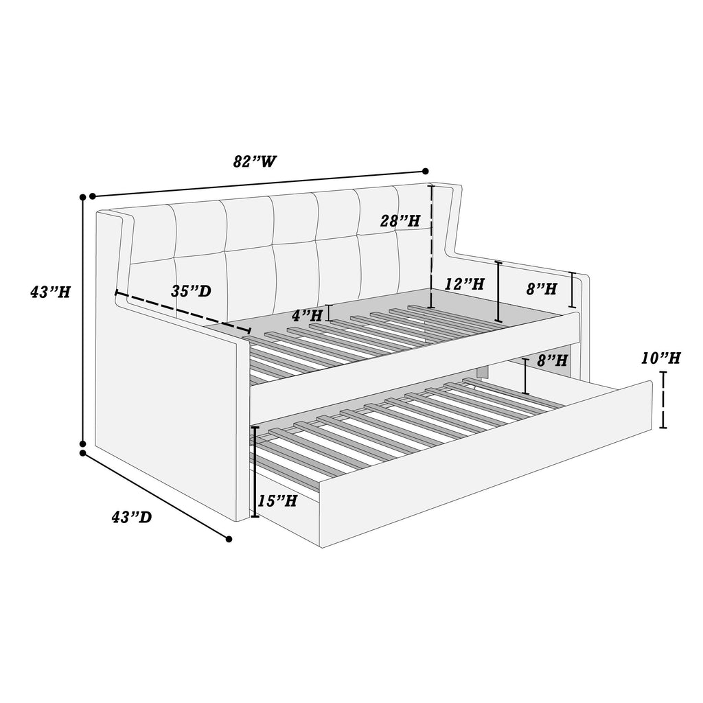 Daybed With Slat Trundle, Button Tufted - Light Gray