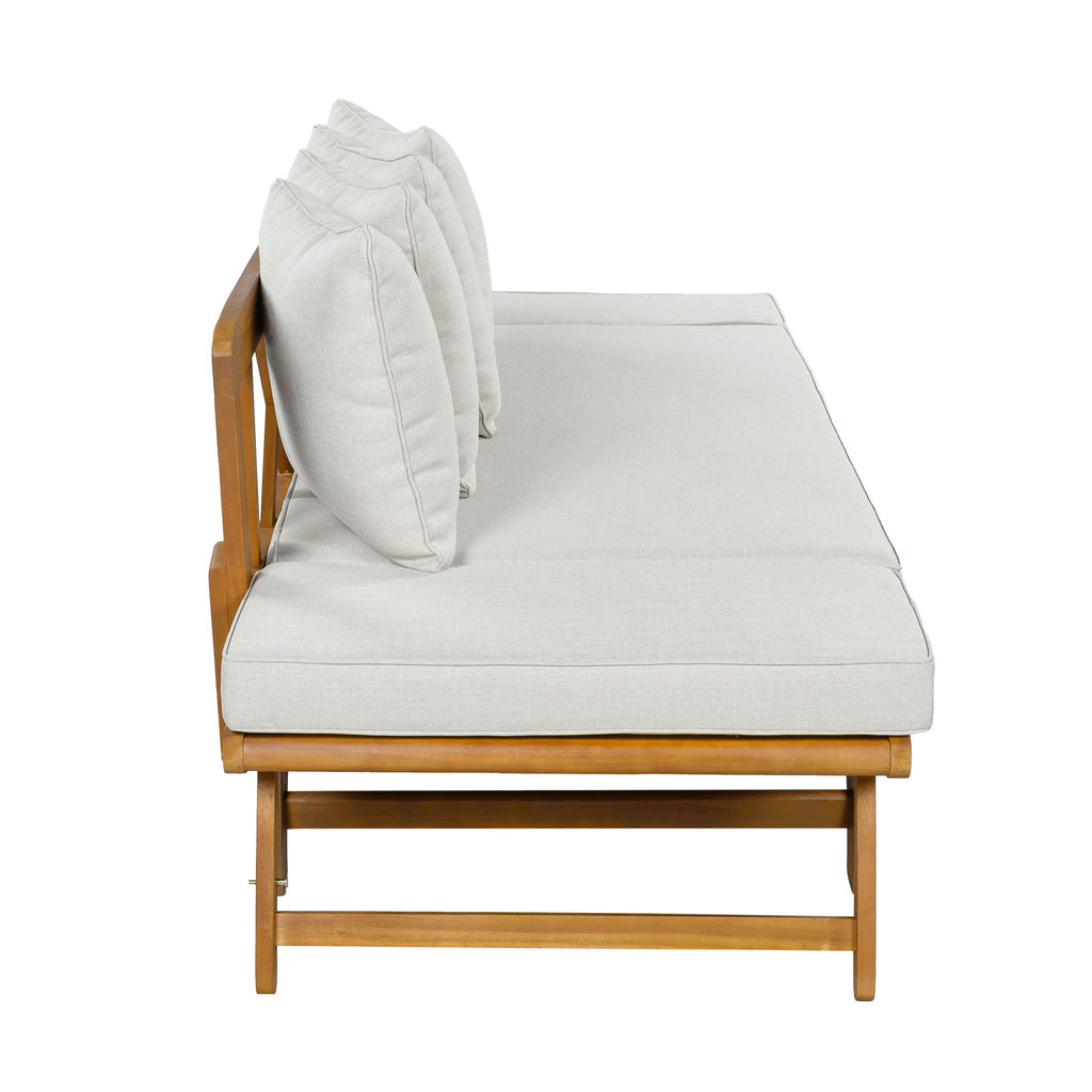 Outdoor Patio Daybed Sofa With Foldable Arm, 3 Seat With 4 Back Pillows - Beige / Teak