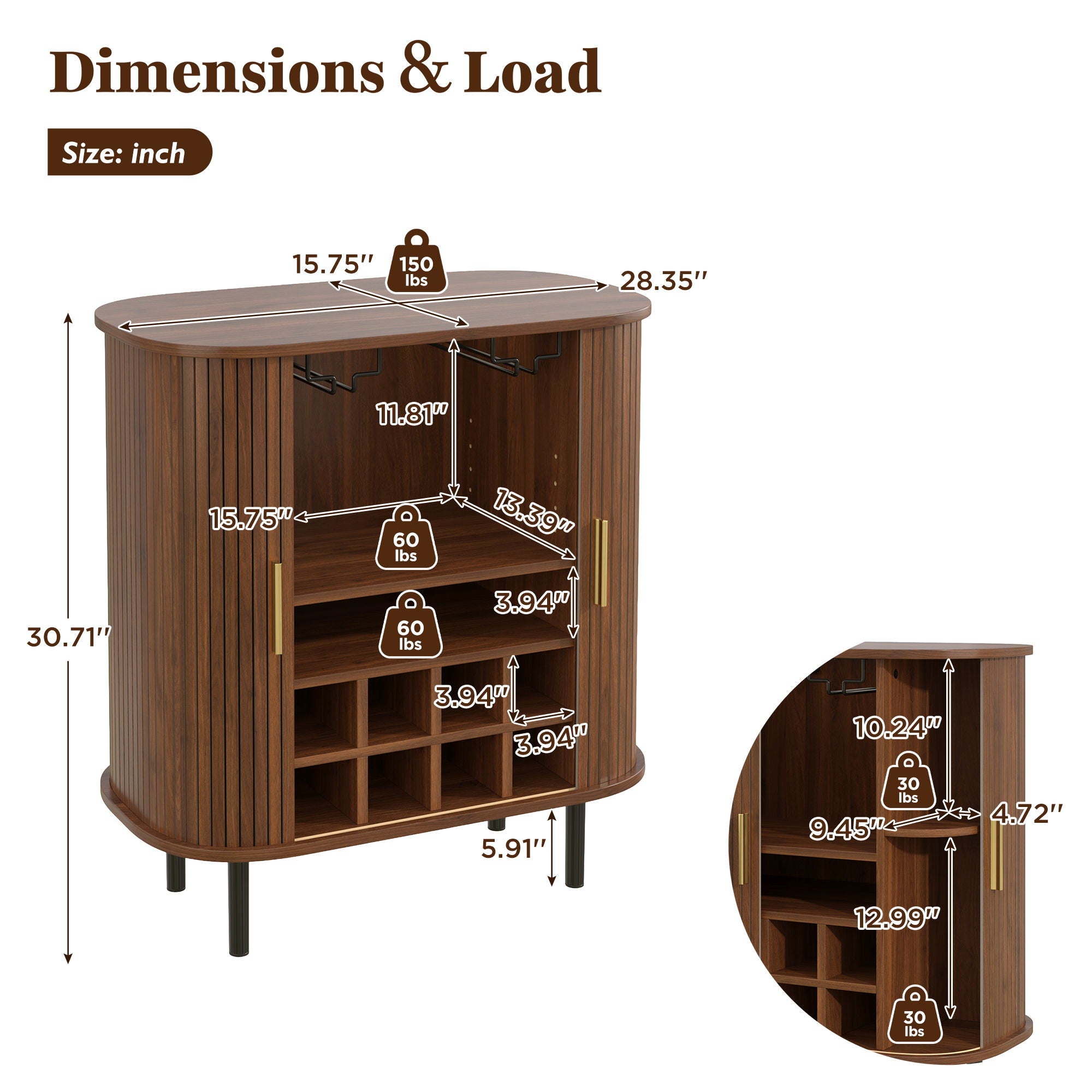 Fluted Wine Bar Cabinet With 8 Grid Wine Rack, 5 Level Adjustable Shelves, 2 Glass Holders