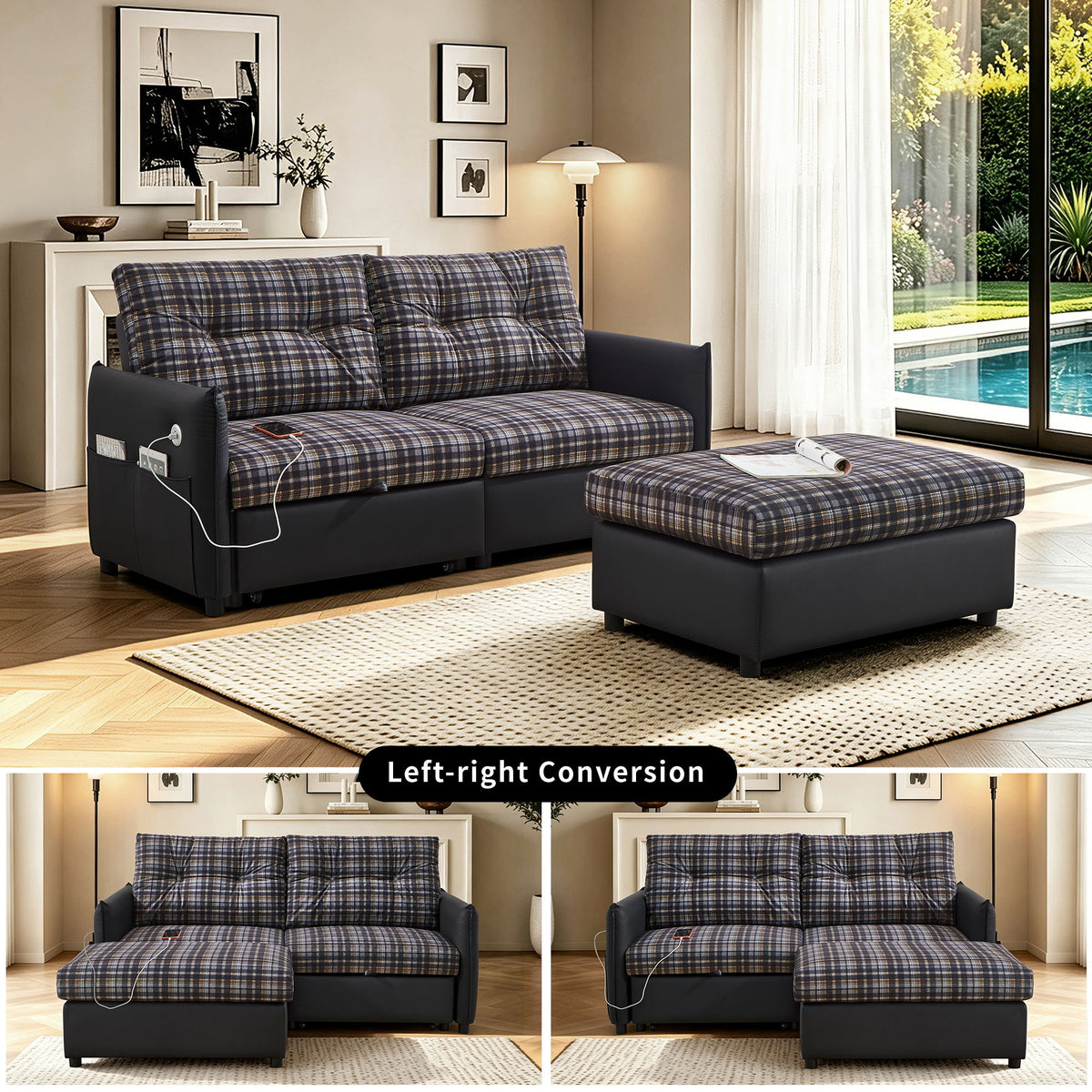 Sleeper Sofa, Expandable Sectional With Ottoman For Living Room
