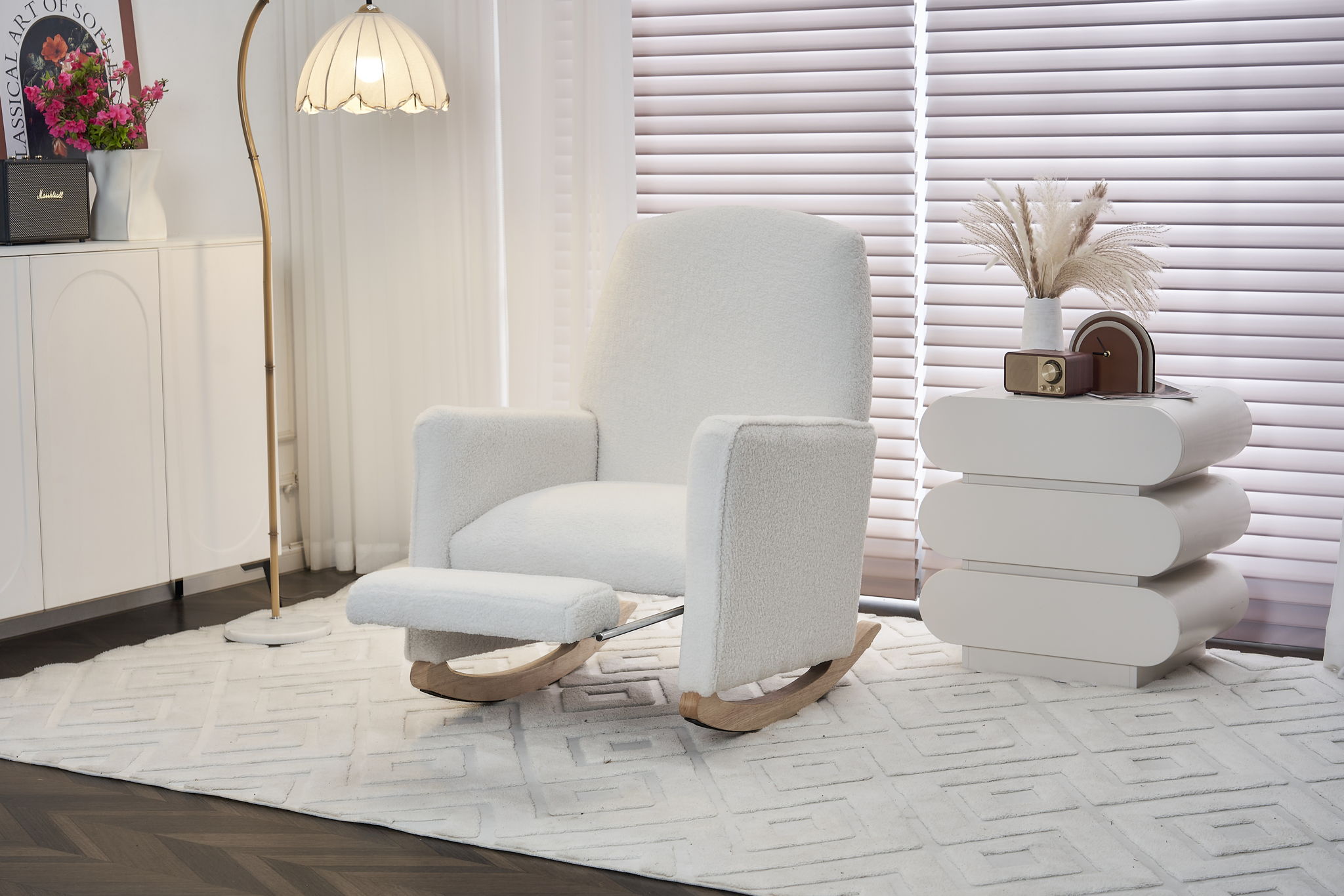 Teddy Fabric Nursery Rocking Chair With Adjustable Footrest - Ivory