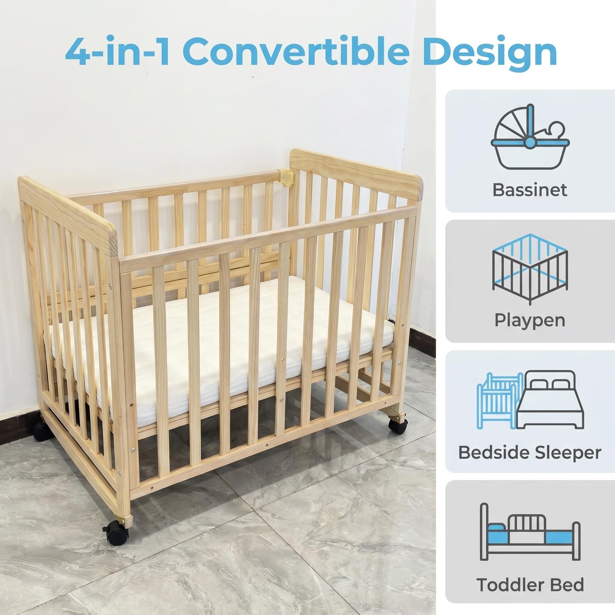 Portable Bedside Bassinet With 3 Adjustable Heights, Mini Crib For Newborns - Natural Wood