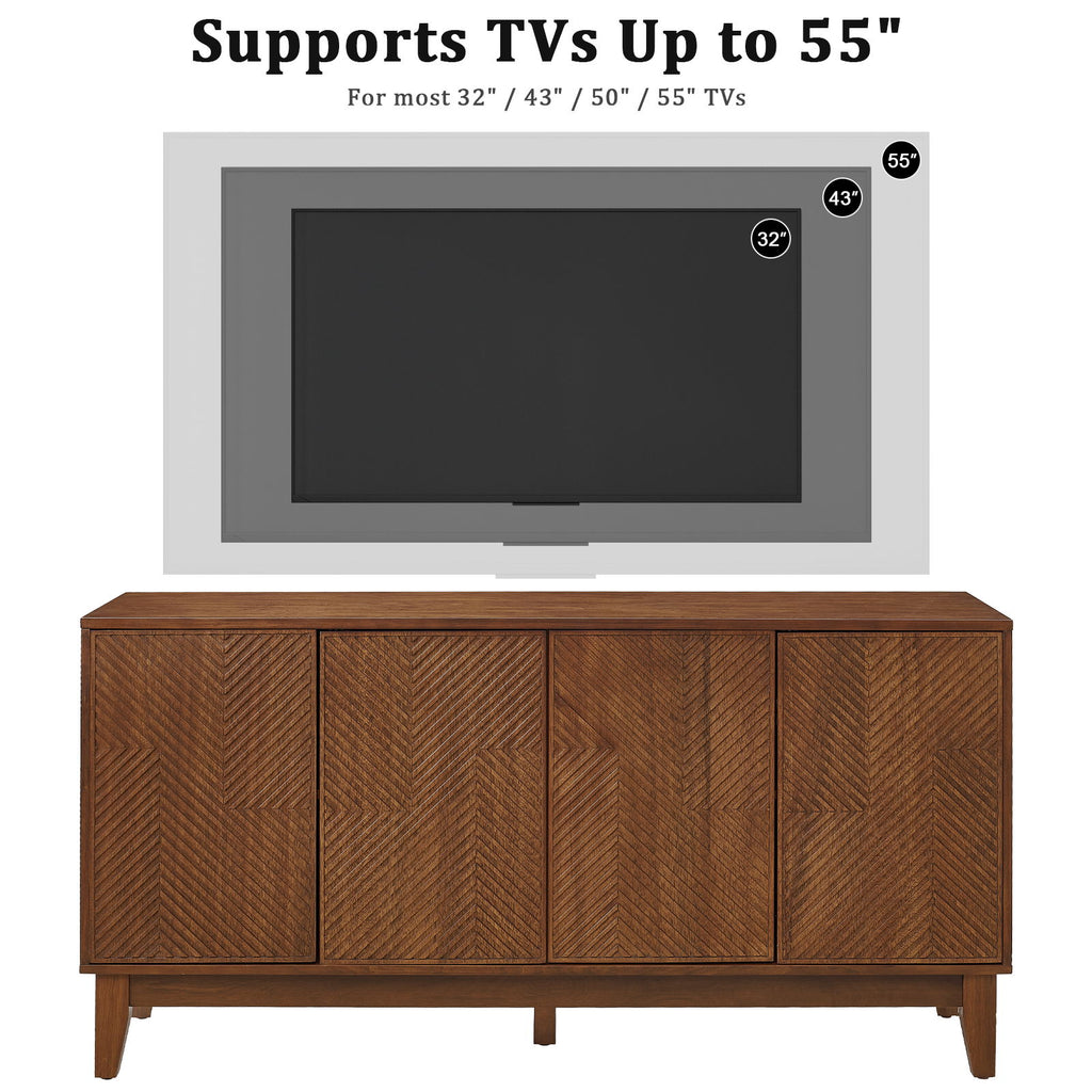 TV Stand With Carved Geometric Doors Storage Cabinet, 4 Door Media Console For Living Room - Walnut